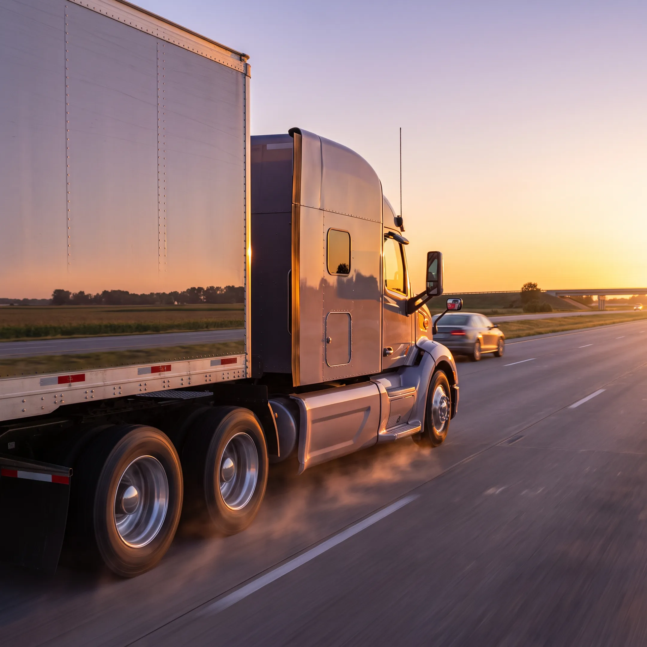 Commercial semi truck driving on an open highway at sunset