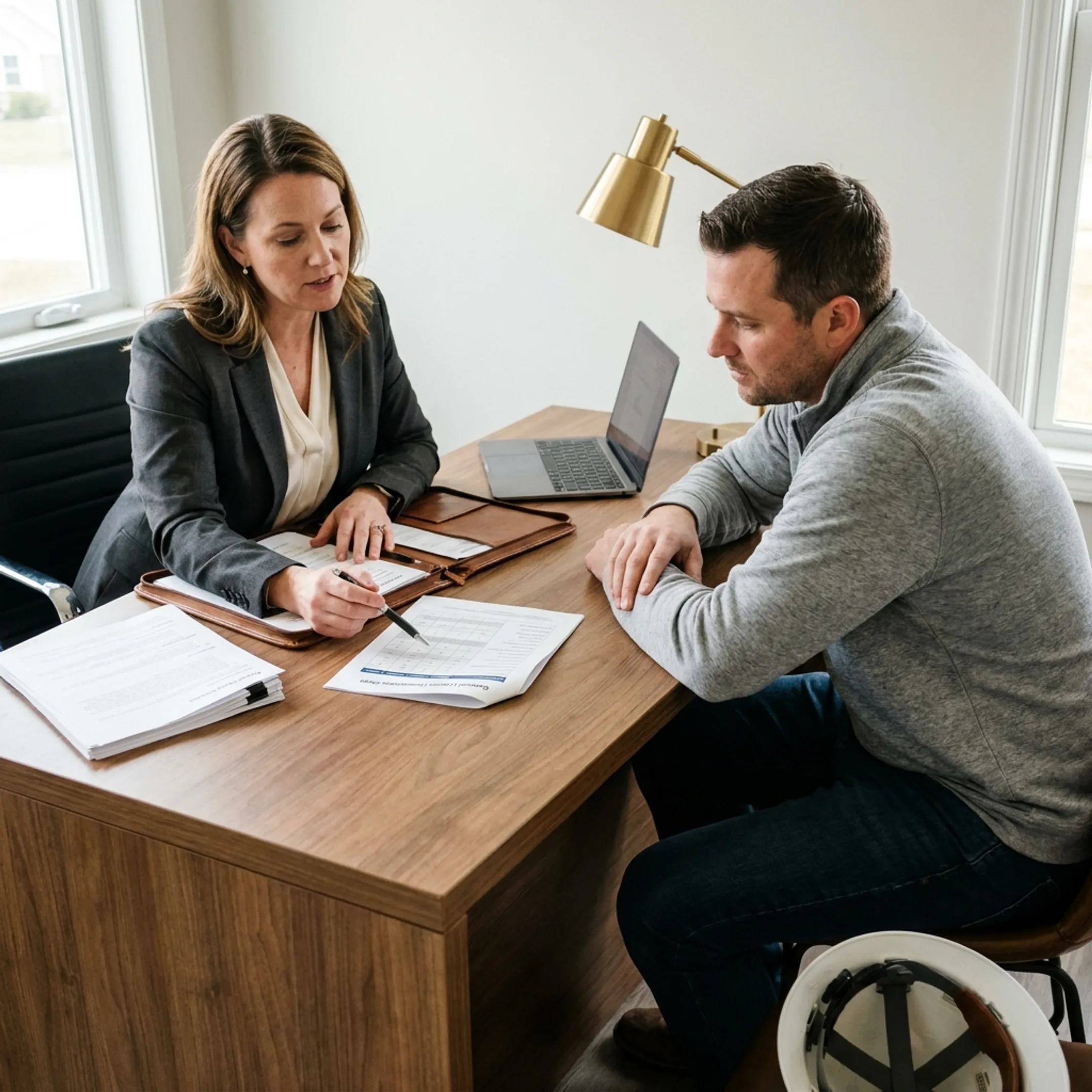 Independent insurance agent evaluating commercial liability policies for contractors