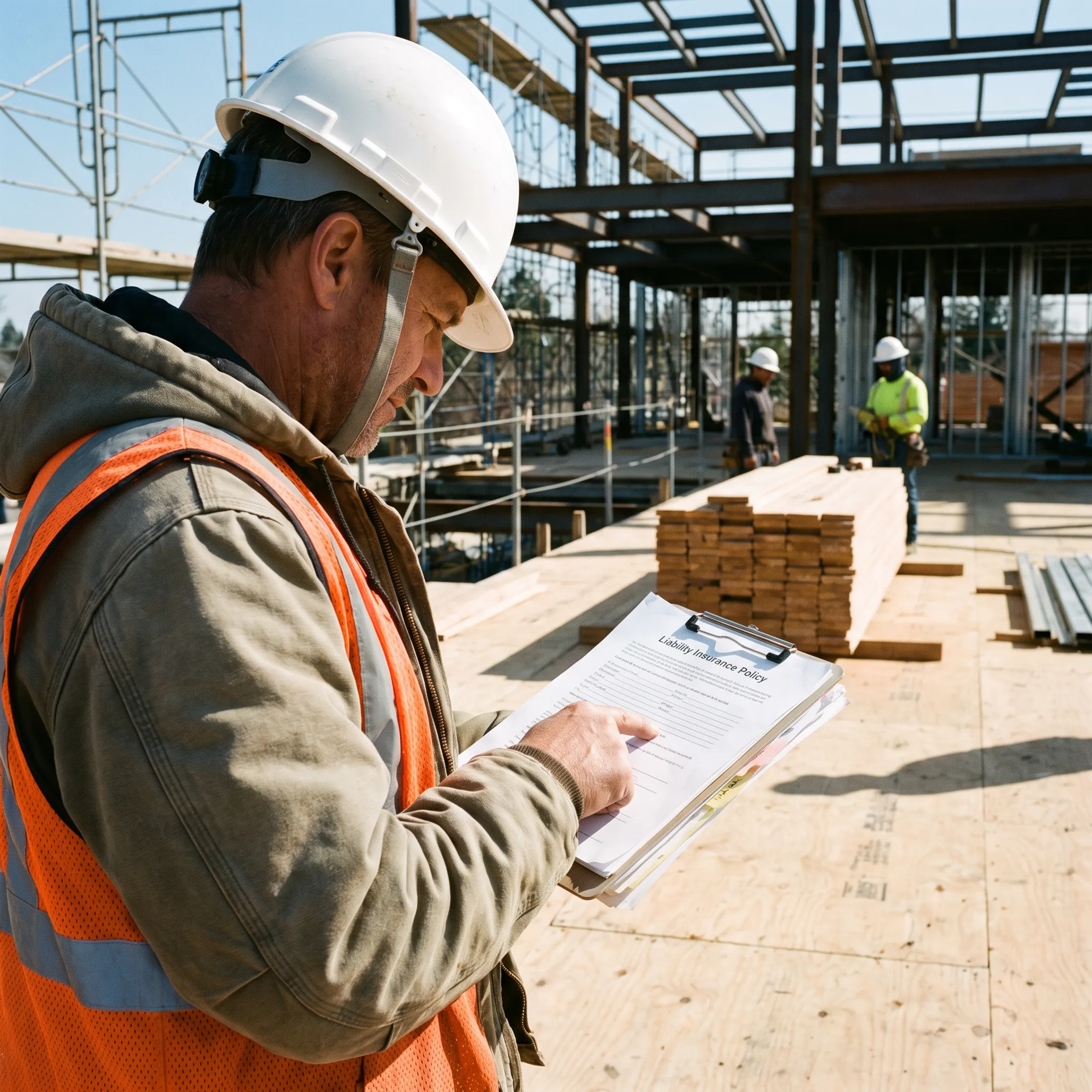 Contractor reviewing insurance policy documents on a commercial construction site