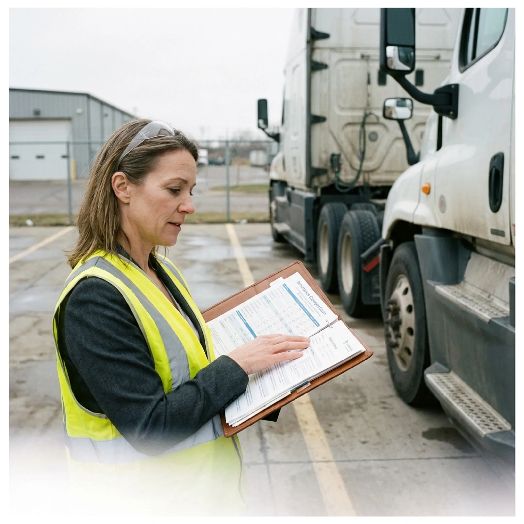 Fleet manager reviewing transportation insurance policy paperwork alongside a commercial truck