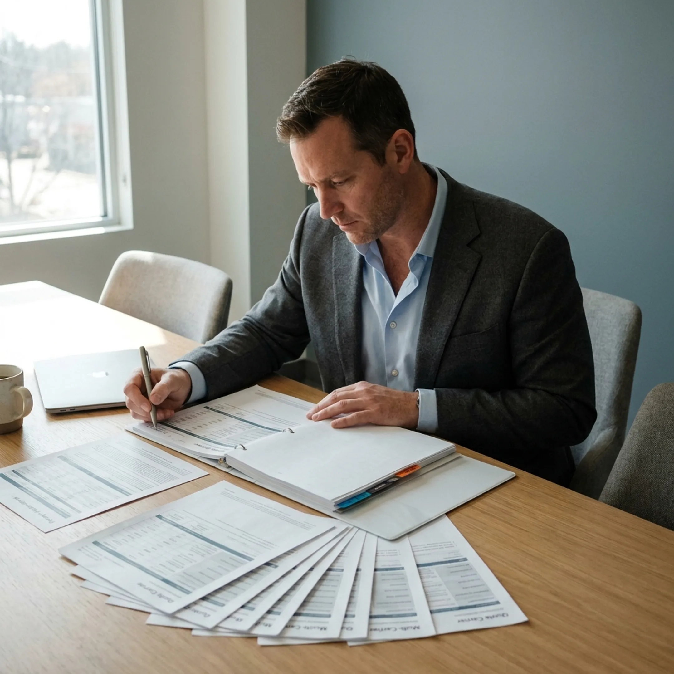 Insurance advisor reviewing commercial property coverage documents with a client