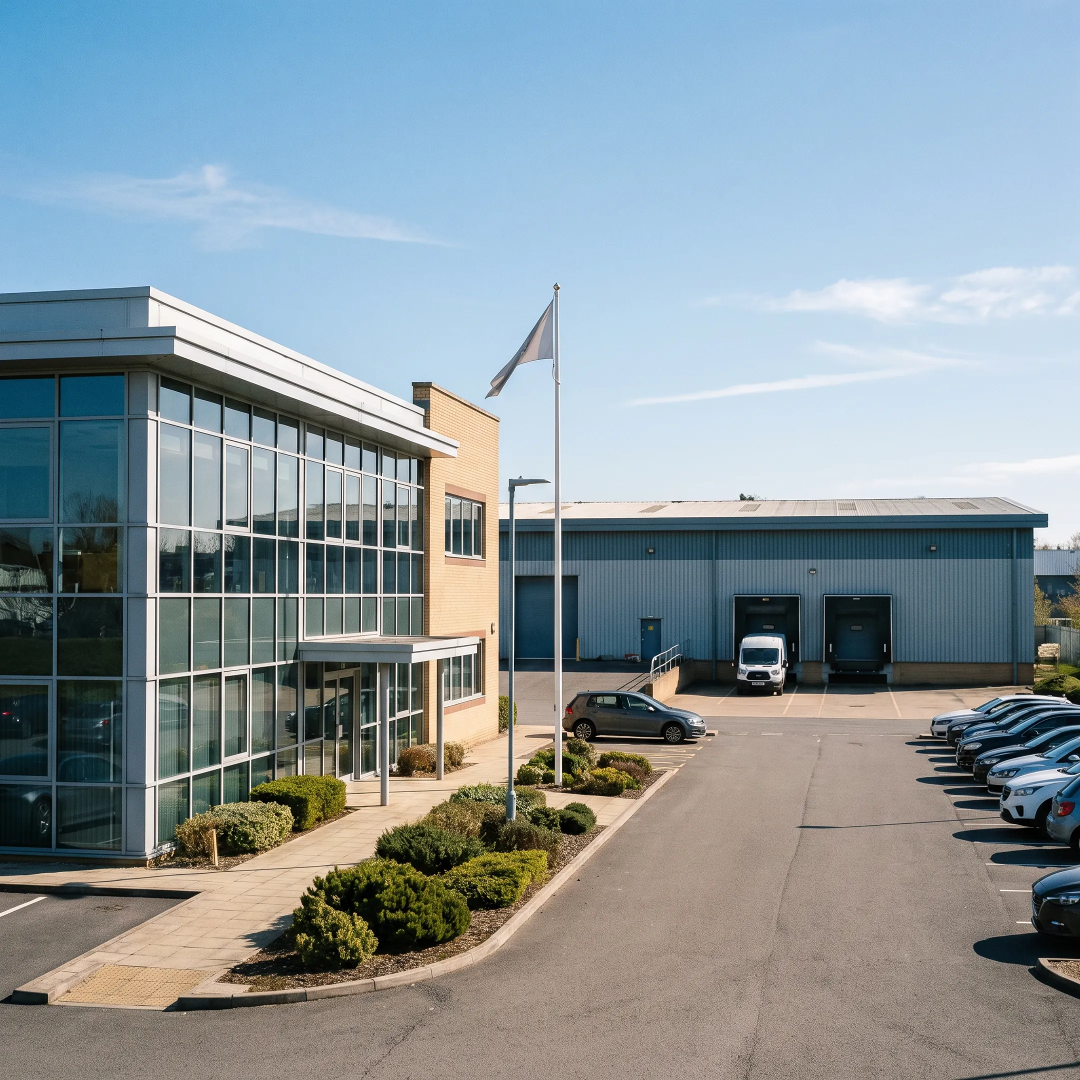 Commercial real estate building and office property under clear skies