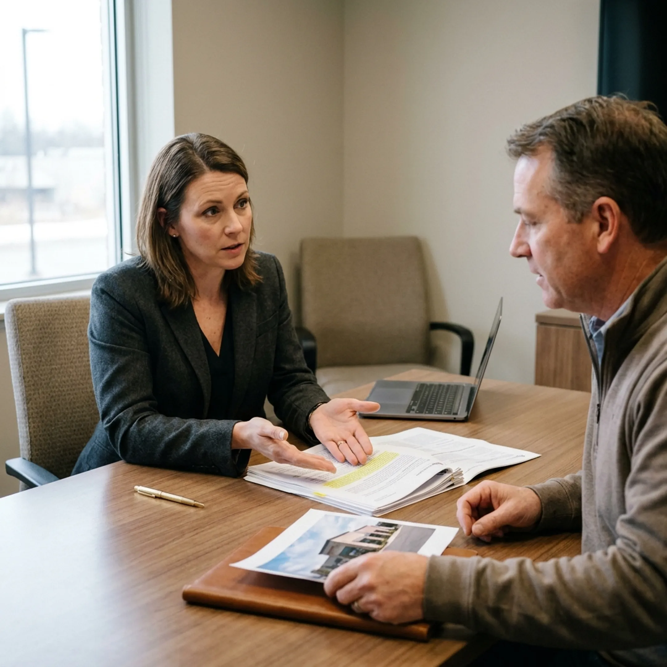 Property manager and commercial insurance advisor reviewing building coverage documents.