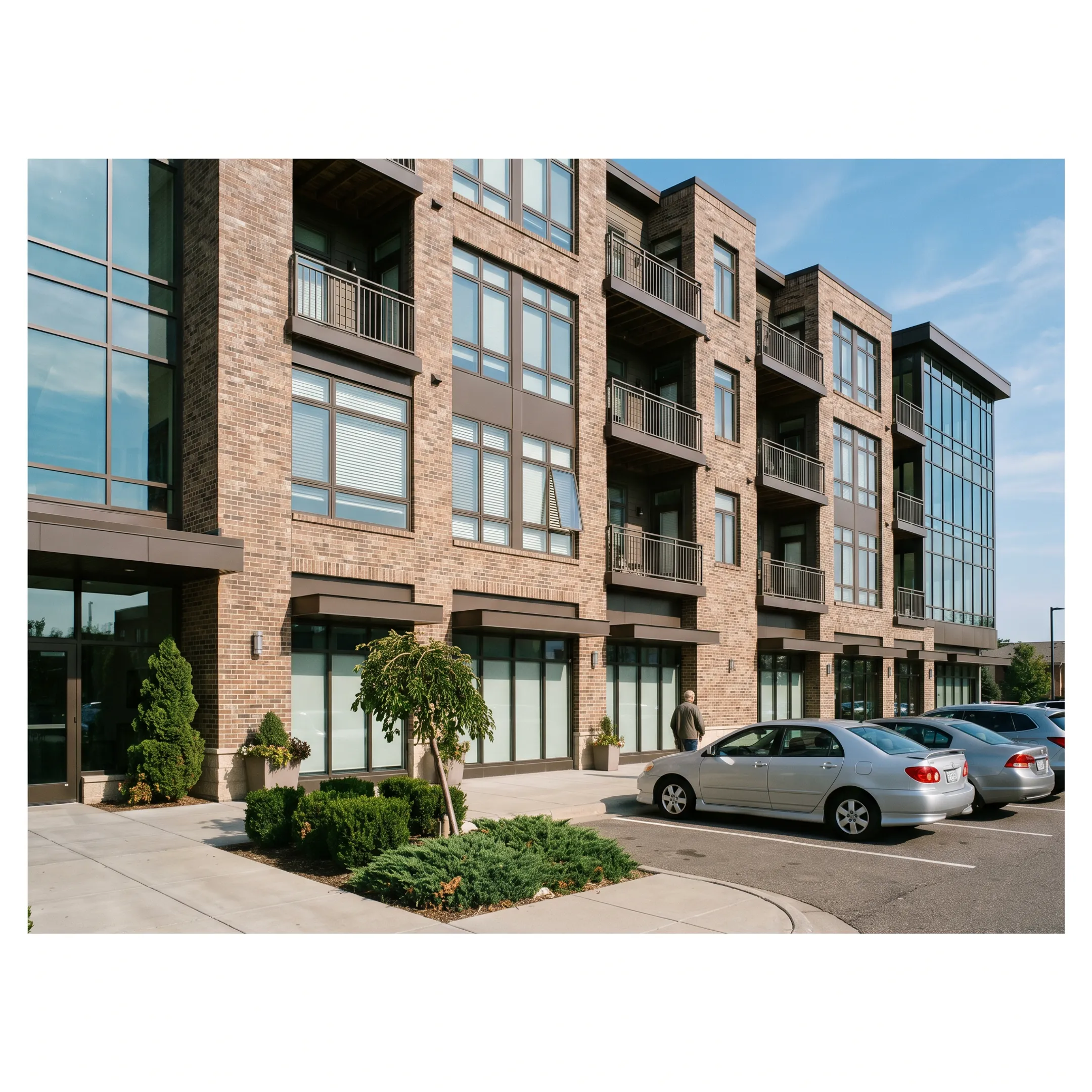 Commercial apartment complex and modern business properties under clear skies.