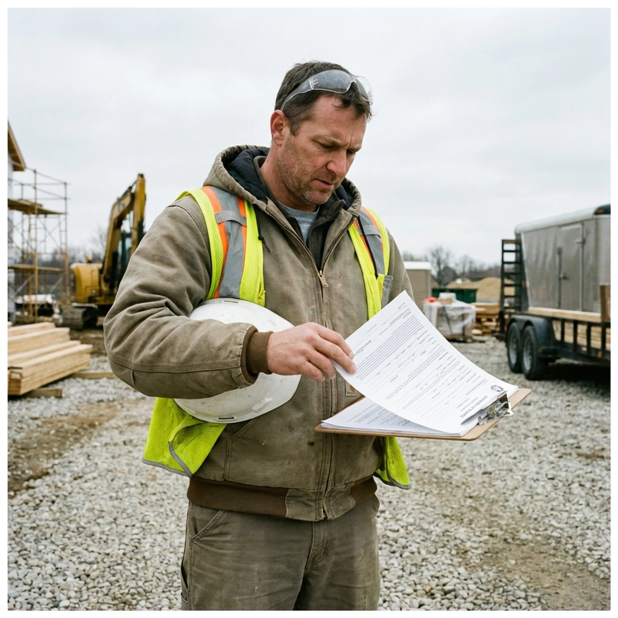 Contractor reviewing commercial demolition insurance documents on a clipboard