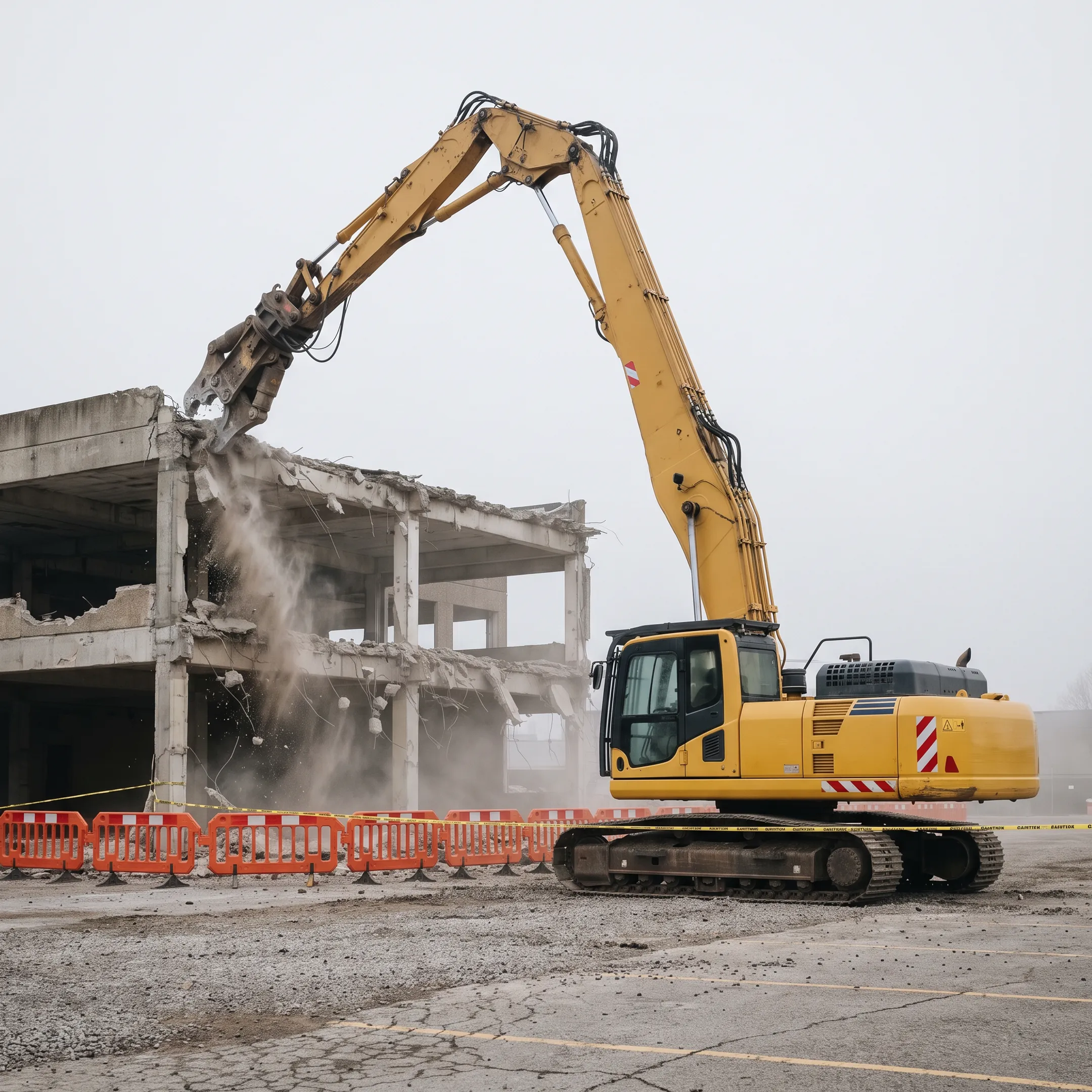 Heavy demolition excavator working on a commercial structural teardown site