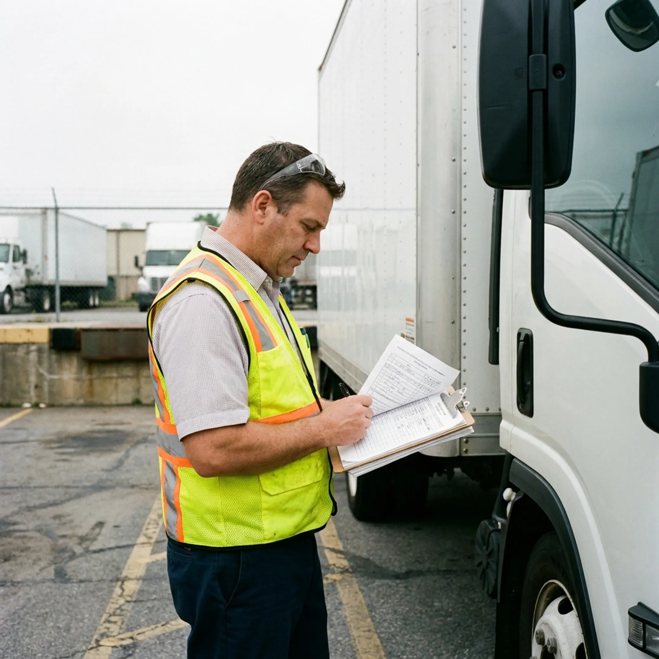 Fleet manager inspecting commercial transport truck equipment and paperwork