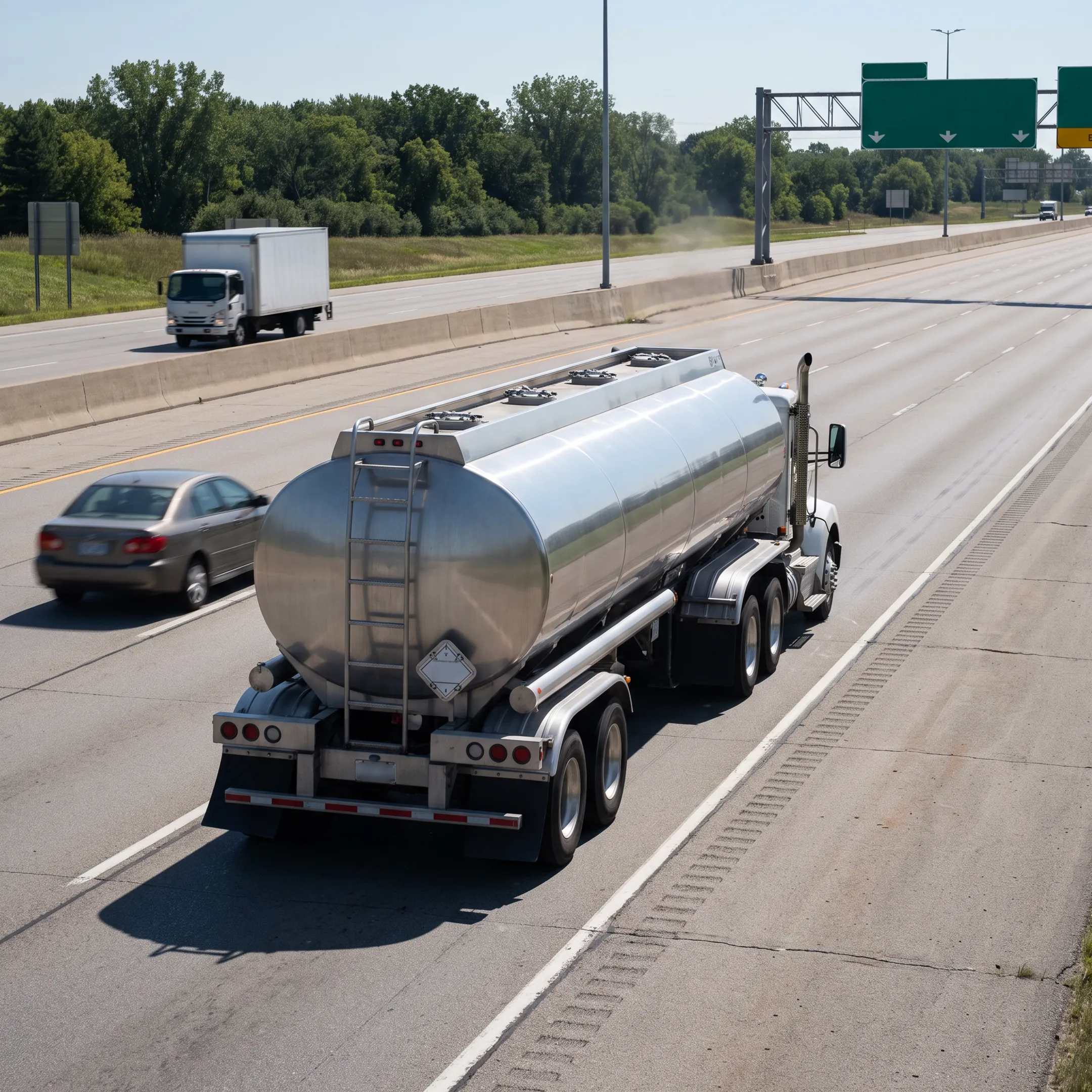 Commercial hazmat tanker truck operating safely on an open interstate highway