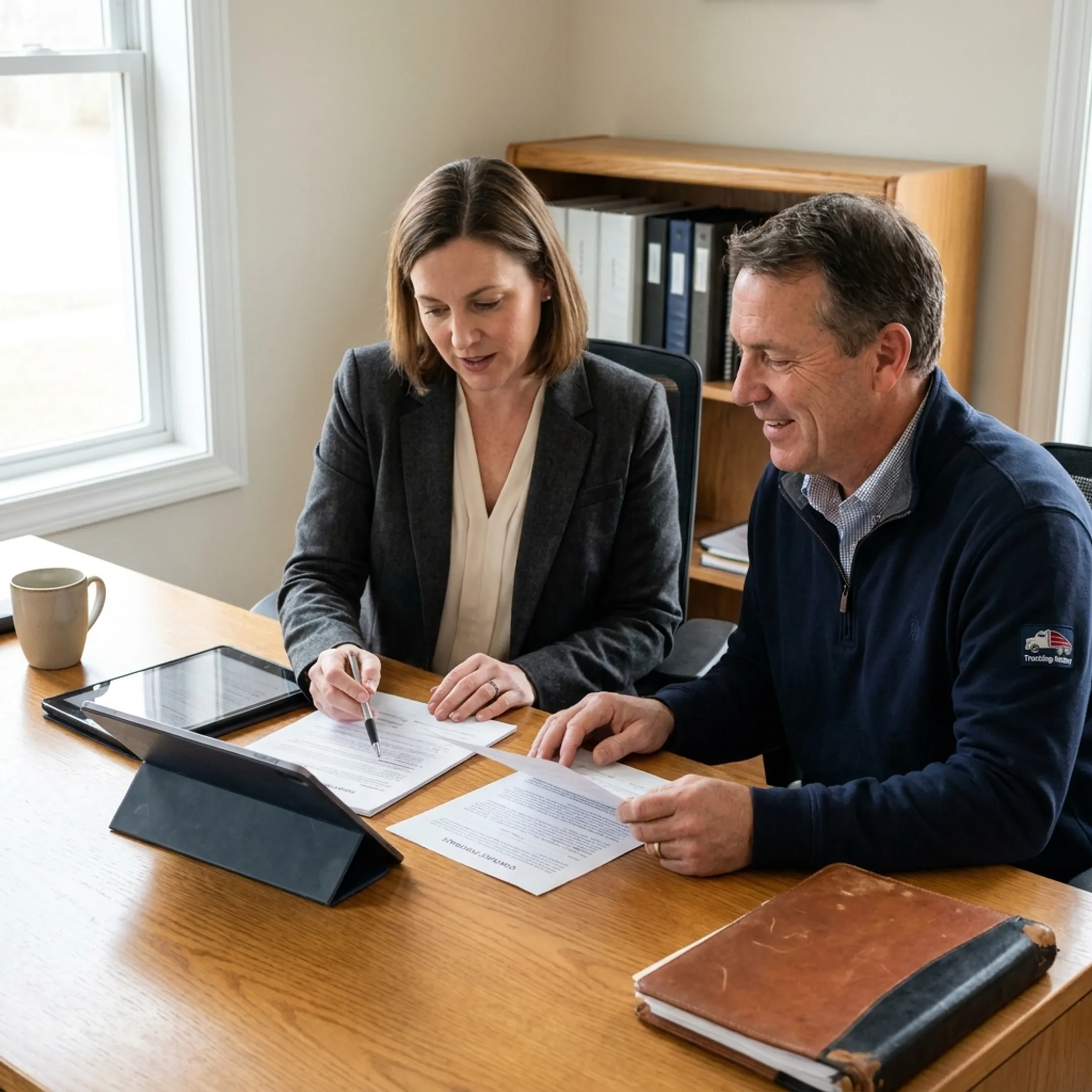 Insurance specialist reviewing transport policy documents with a logistics manager