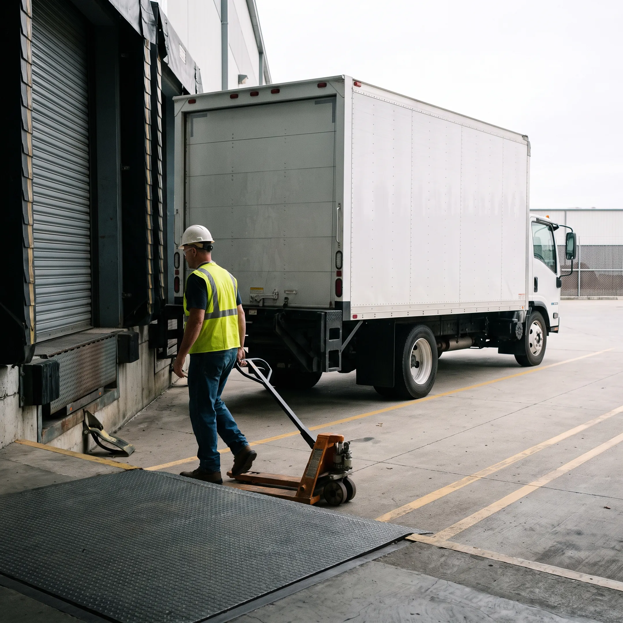 Commercial box truck parked at a loading dock during delivery operations
