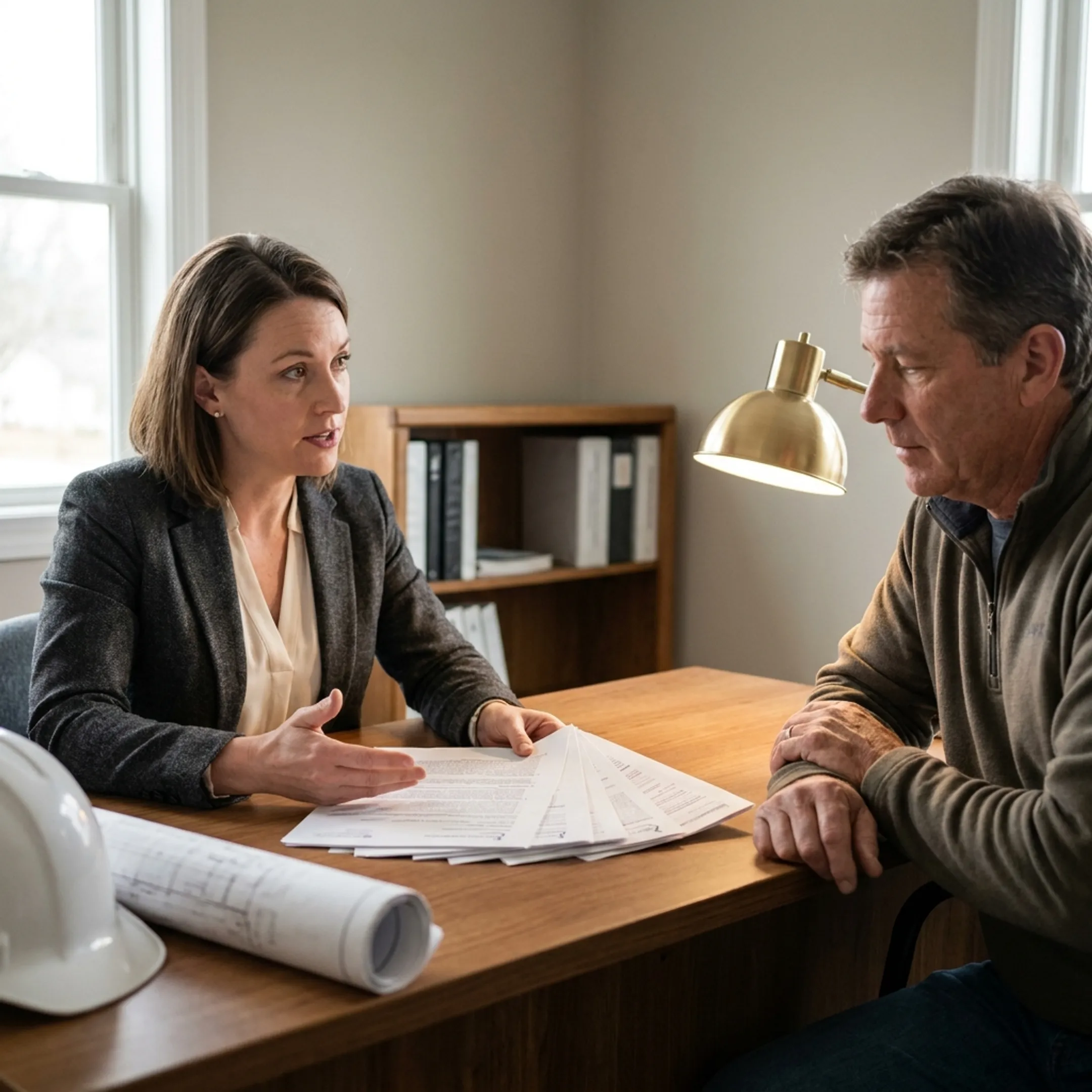 Insurance professional discussing policy limits with a trade business owner
