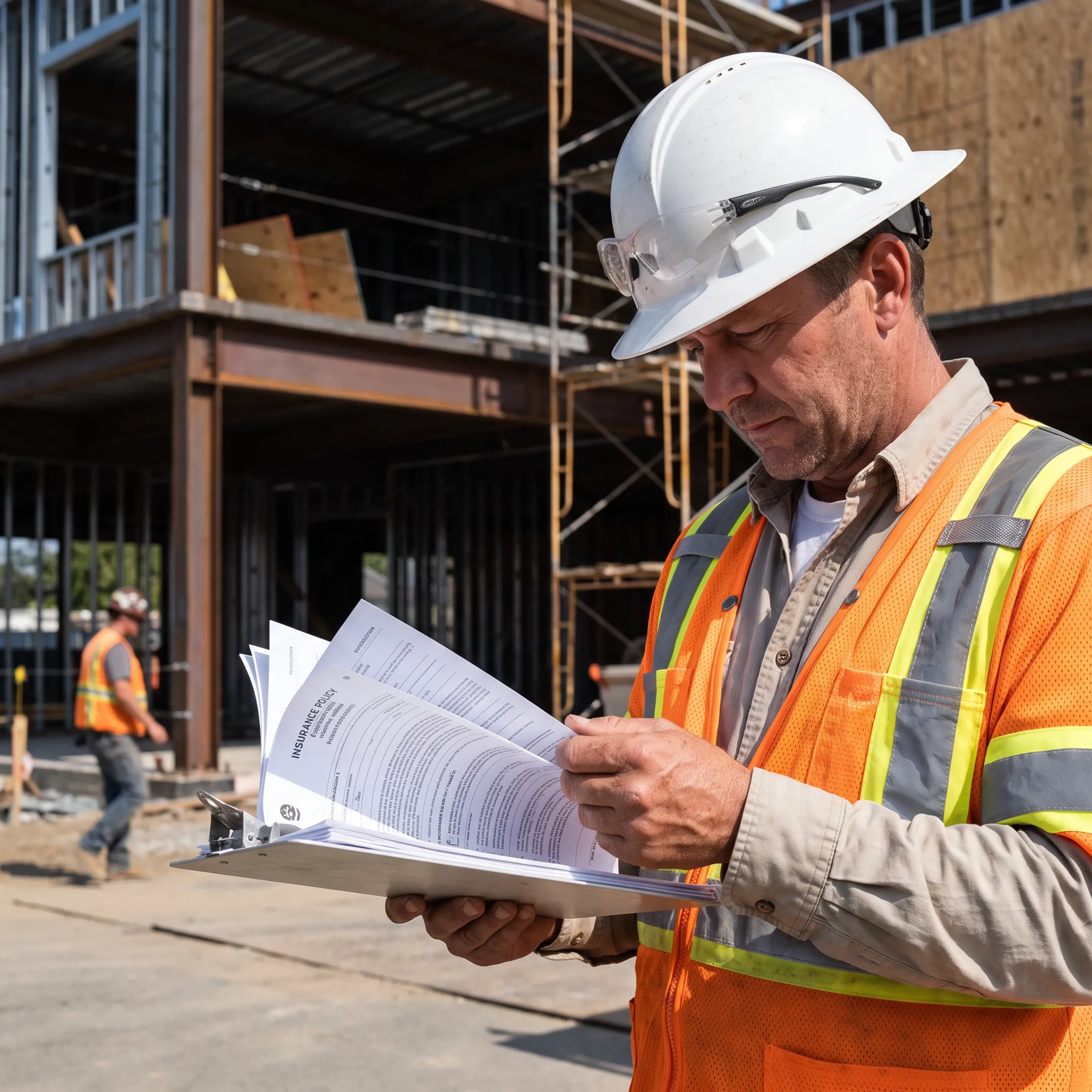 General contractor reviewing liability policy documents on a commercial job site
