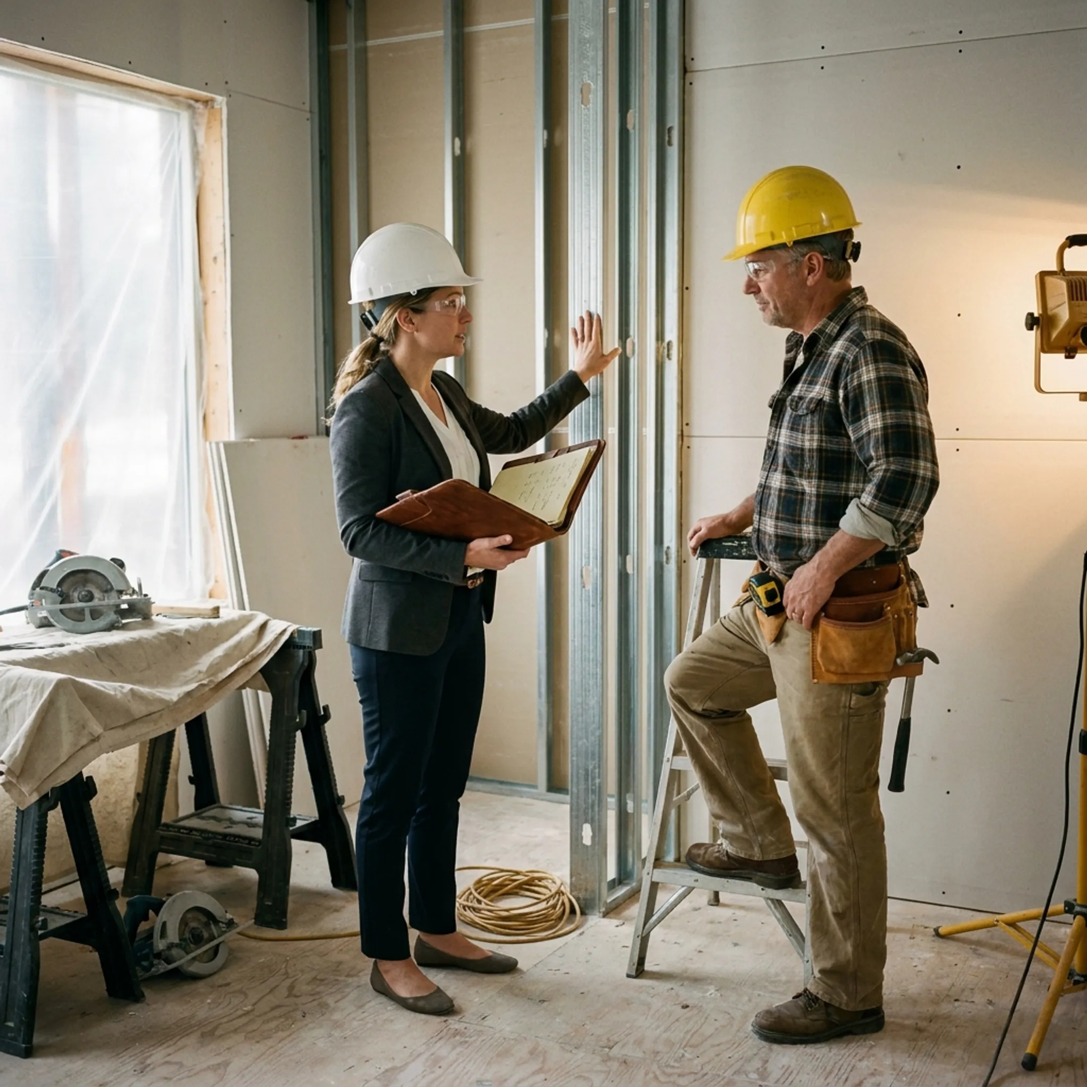 Construction manager discussing remodeling insurance policy terms with an independent advisor
