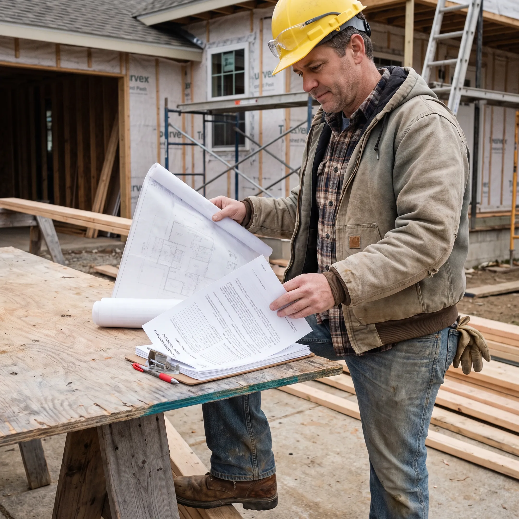 Remodeling contractor reviewing project blueprints and insurance documentation on a renovation site