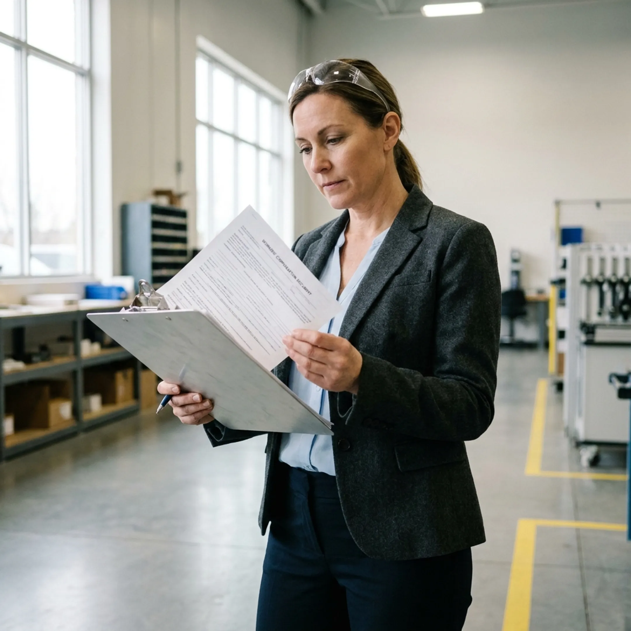 Business manager reviewing employee safety protocols and insurance forms