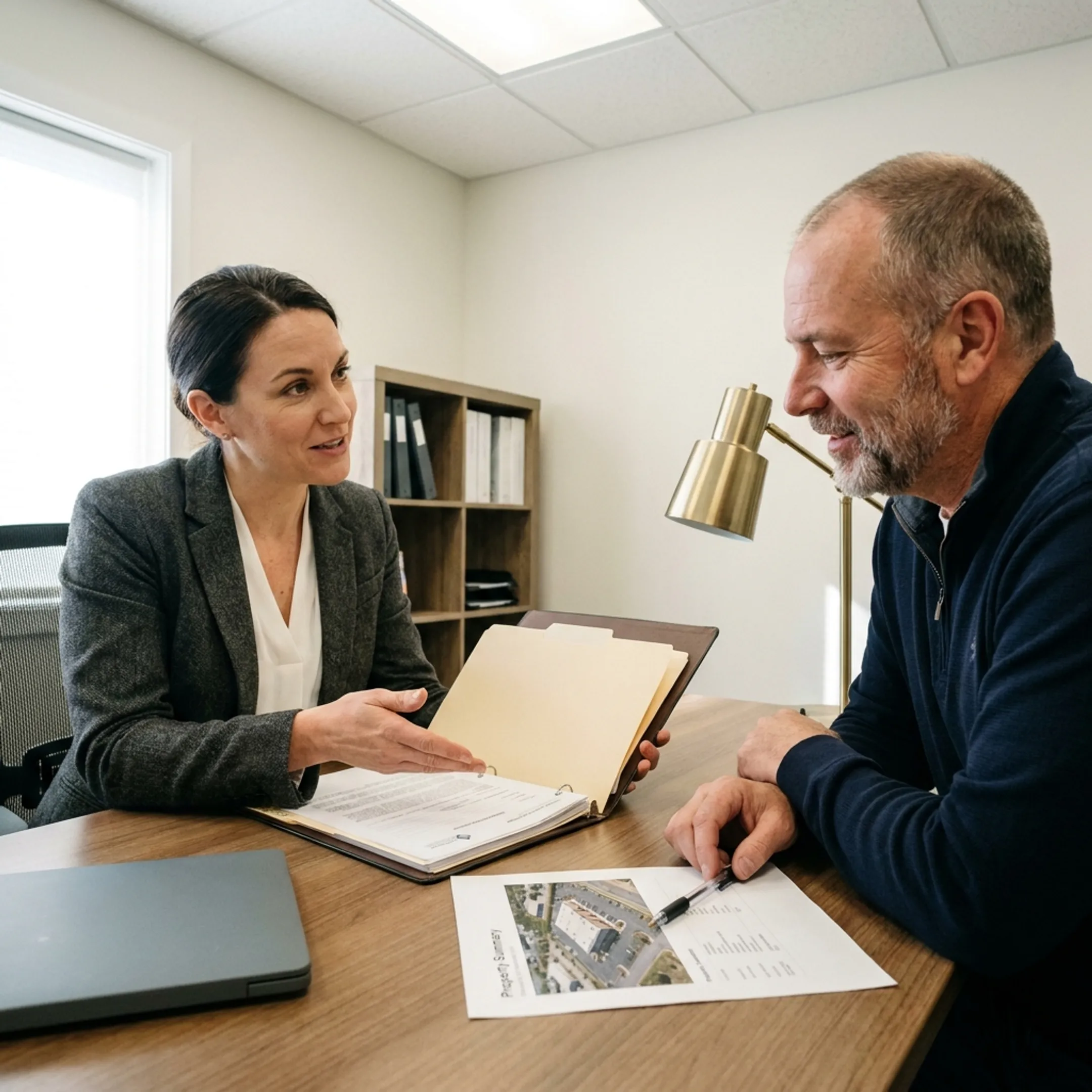 Property manager and insurance advisor reviewing landlord coverage details for rental units.