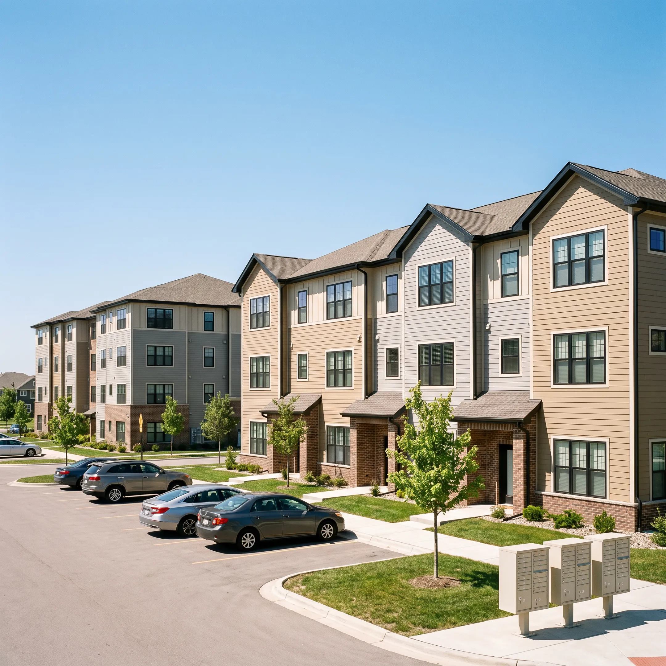 Modern residential rental properties and apartment complex protected by landlord insurance coverage.