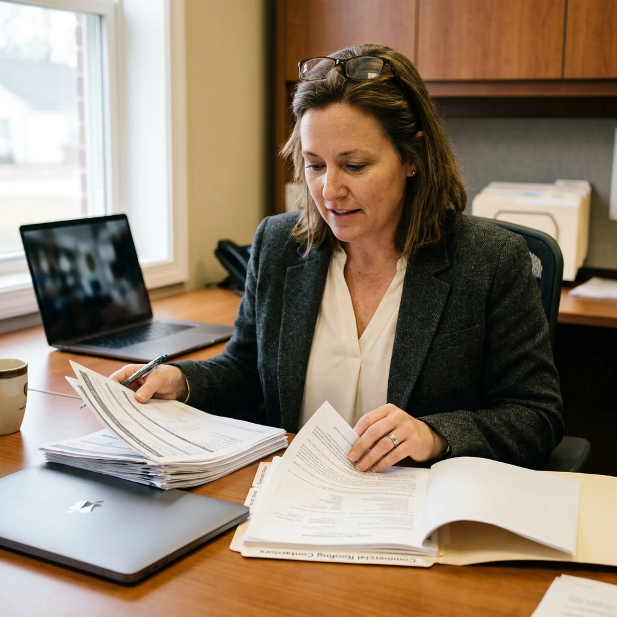 Commercial insurance agent reviewing roofing contractor workers compensation quotes