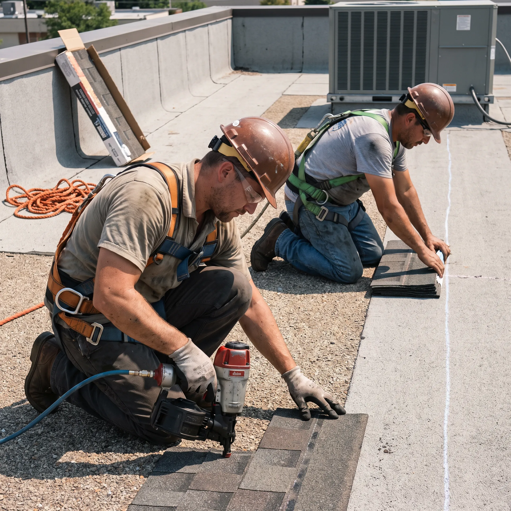 Roofing contractor crew working on a commercial roof with safety gear