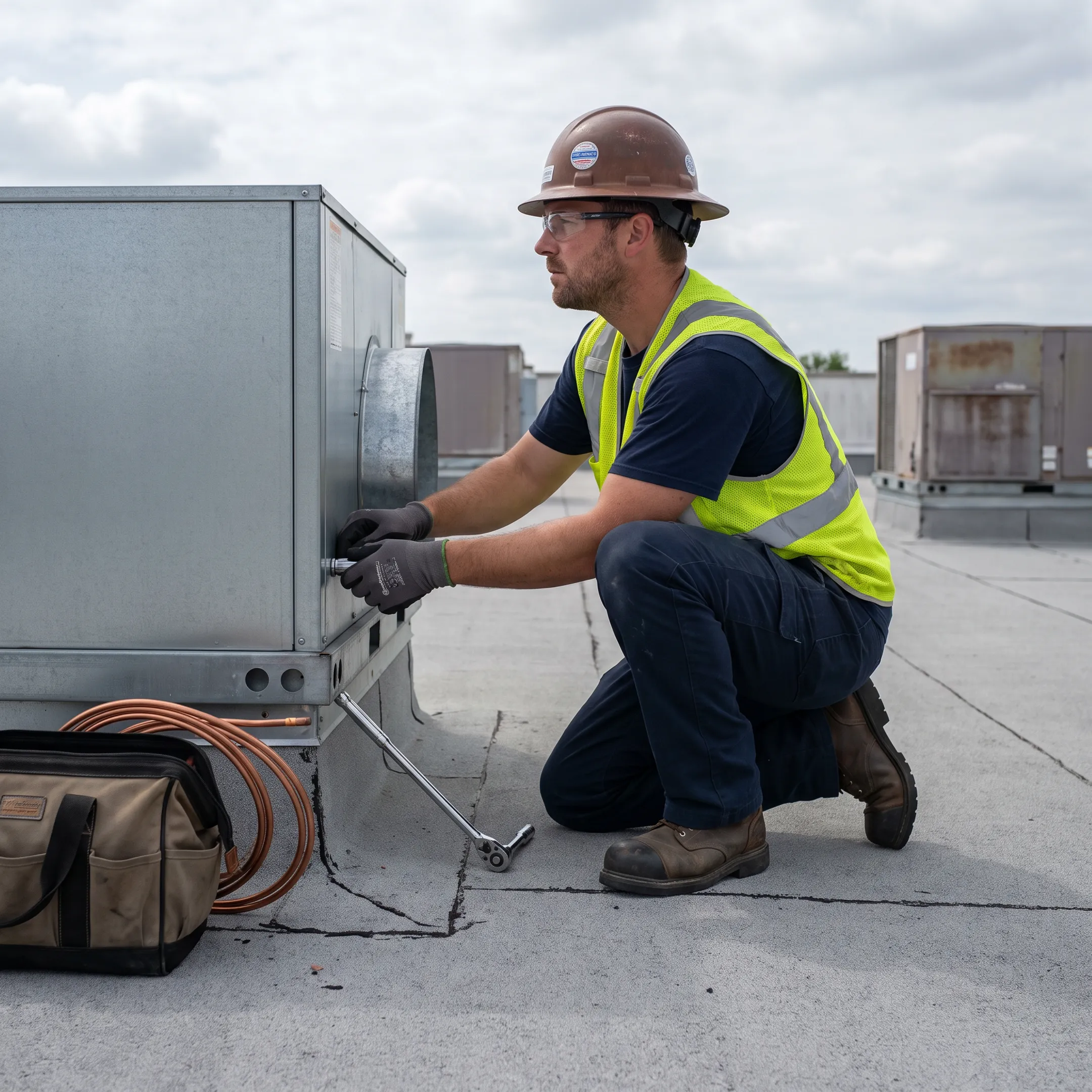 HVAC technician installing commercial heating and air conditioning unit