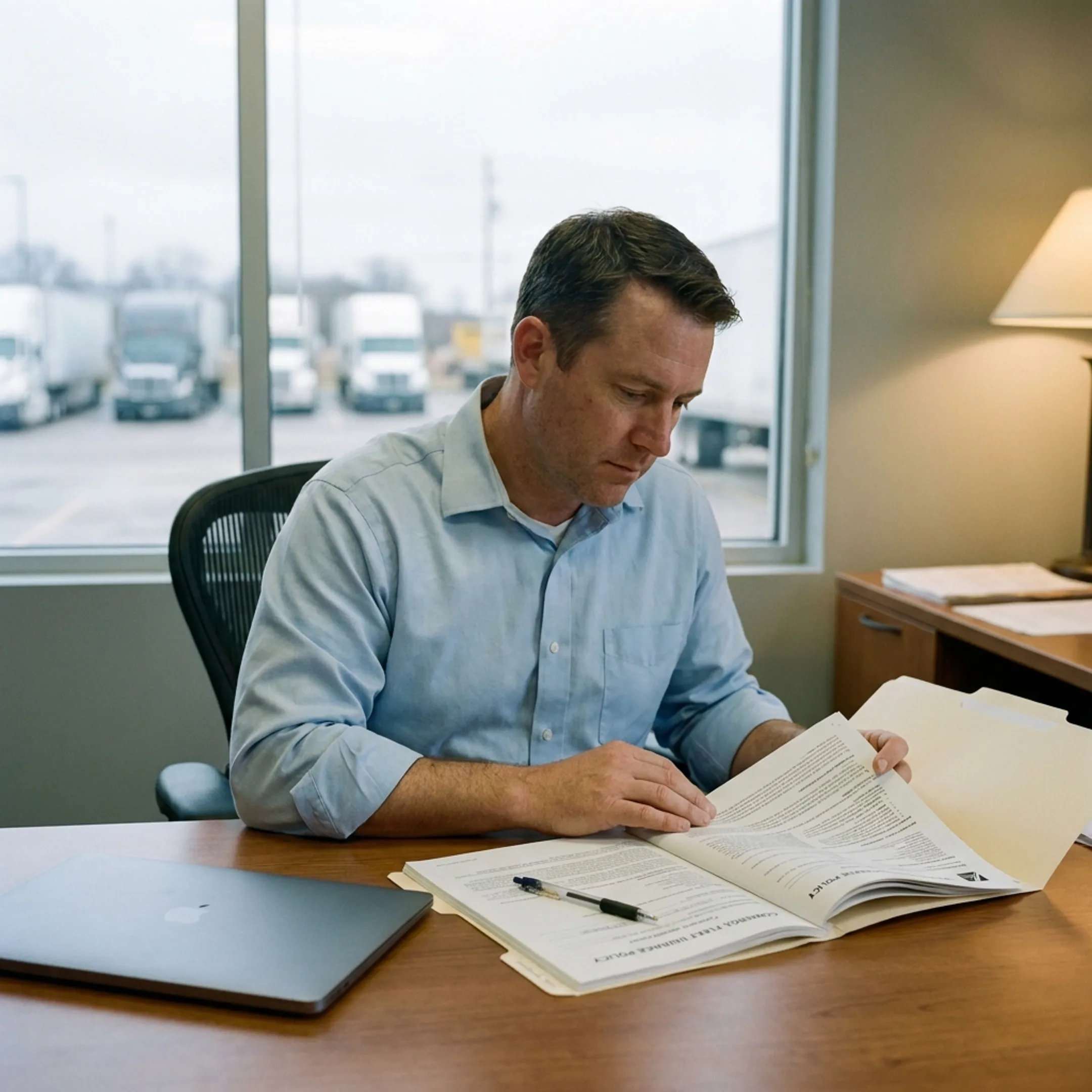 Fleet manager reviewing commercial truck insurance paperwork in an office