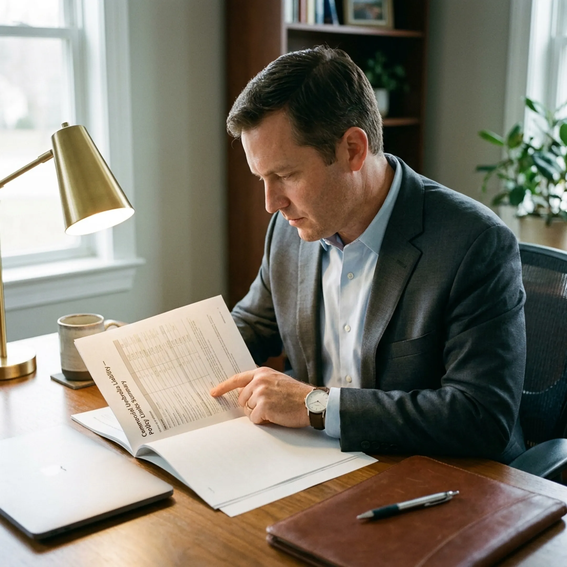 Business professional examining insurance coverage paperwork outlining commercial umbrella liability policy limits