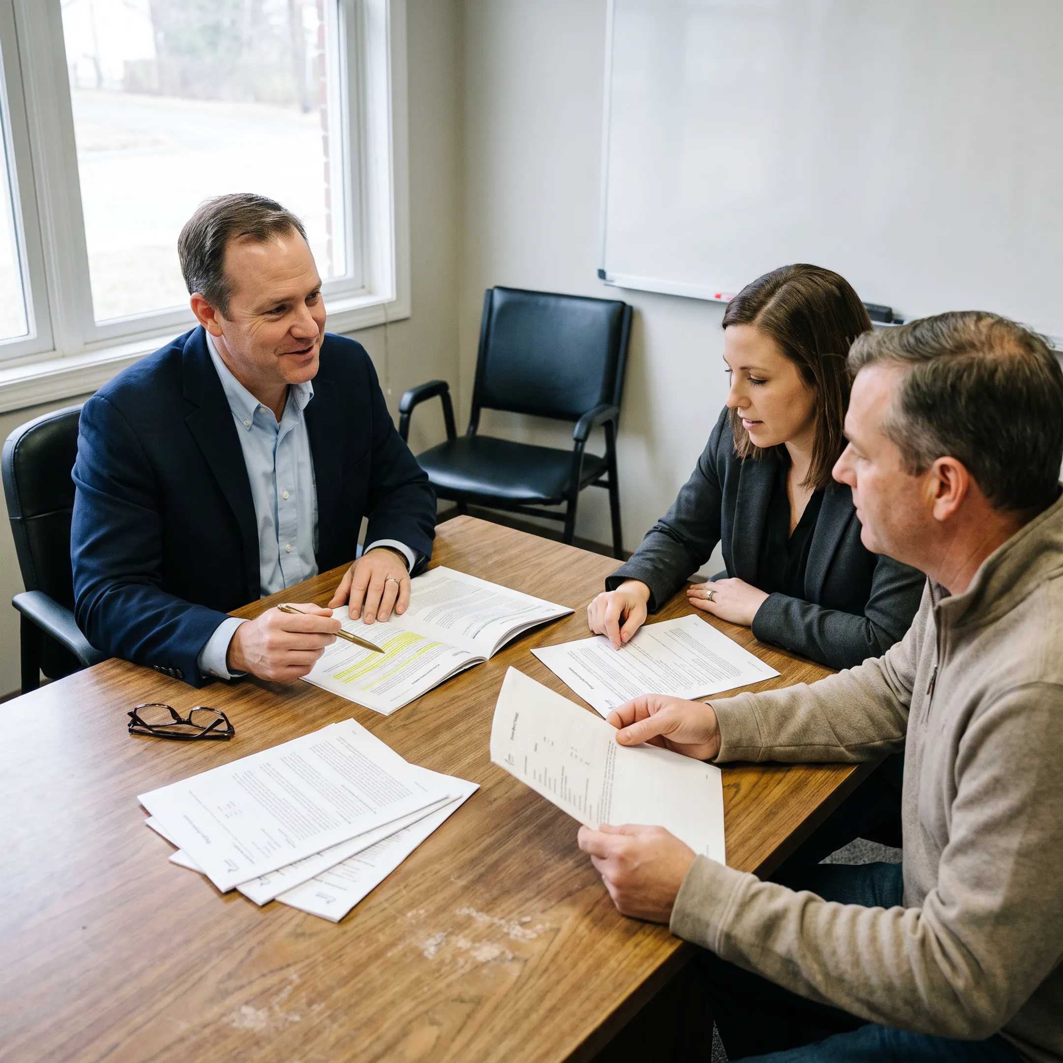 Commercial business owners reviewing umbrella liability insurance coverage documents with an independent insurance agent