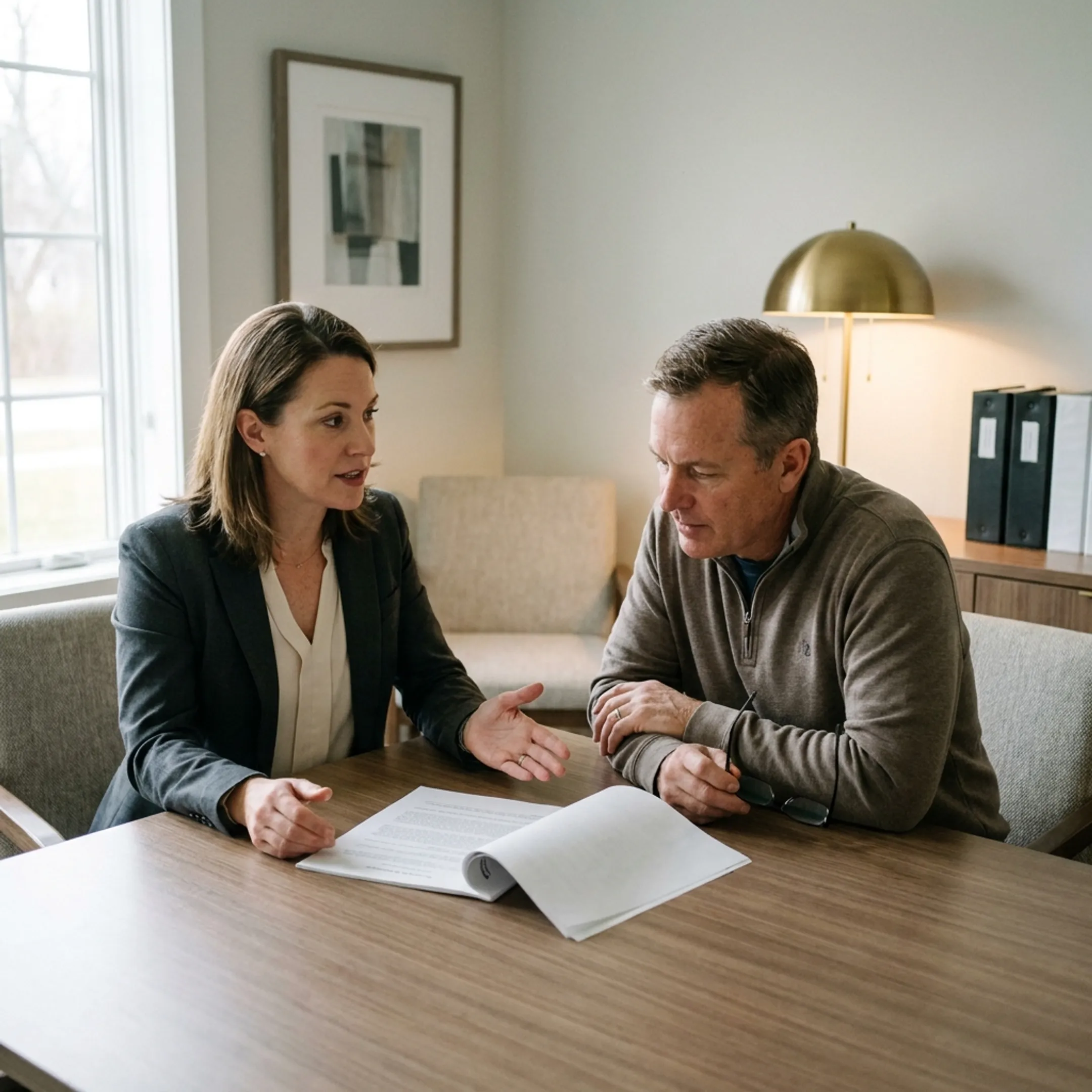 Insurance advisor reviewing landlord policy paperwork with a property owner