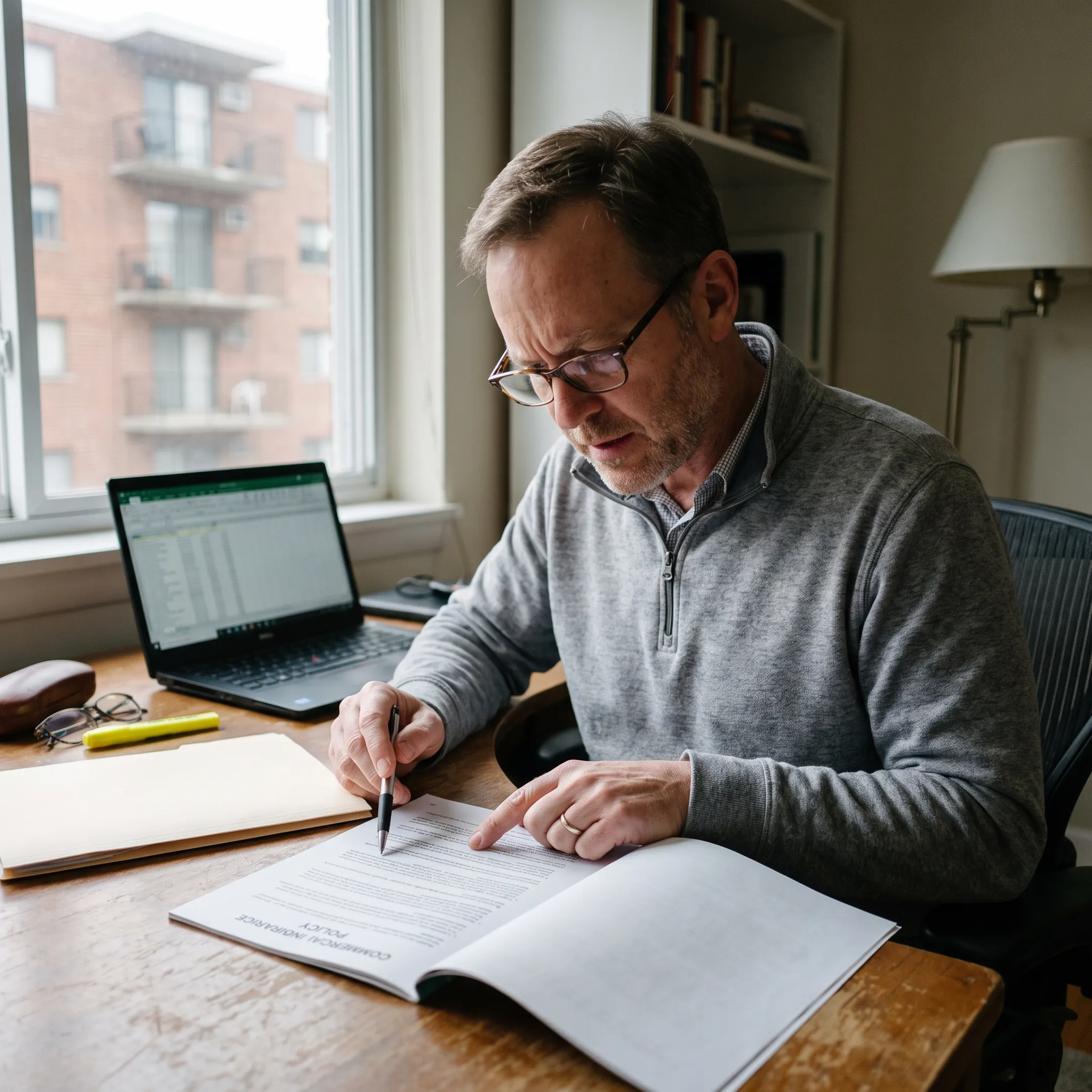 Landlord reviewing insurance paperwork for a residential rental property.