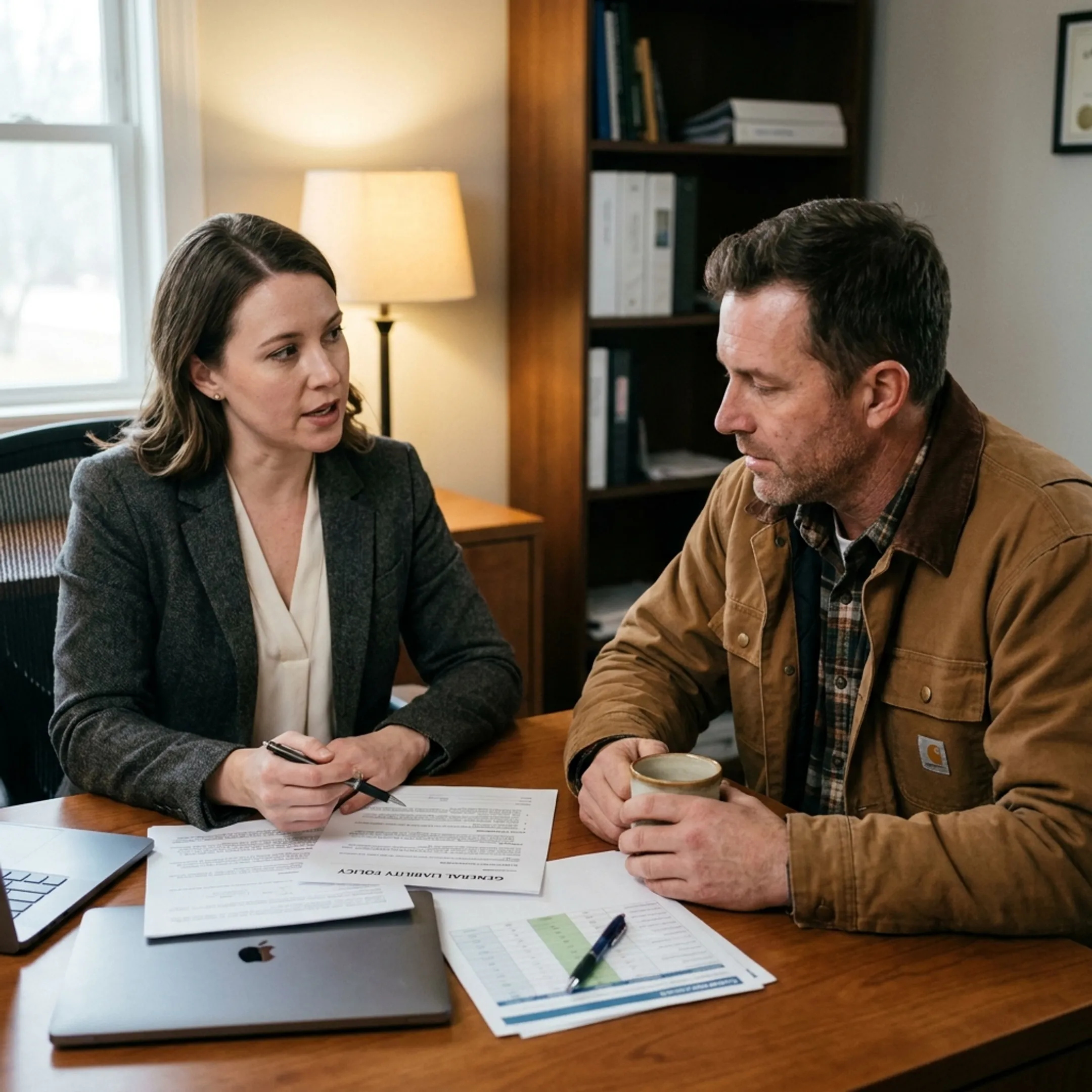 Insurance advisor discussing commercial liability protection options with a tradesperson