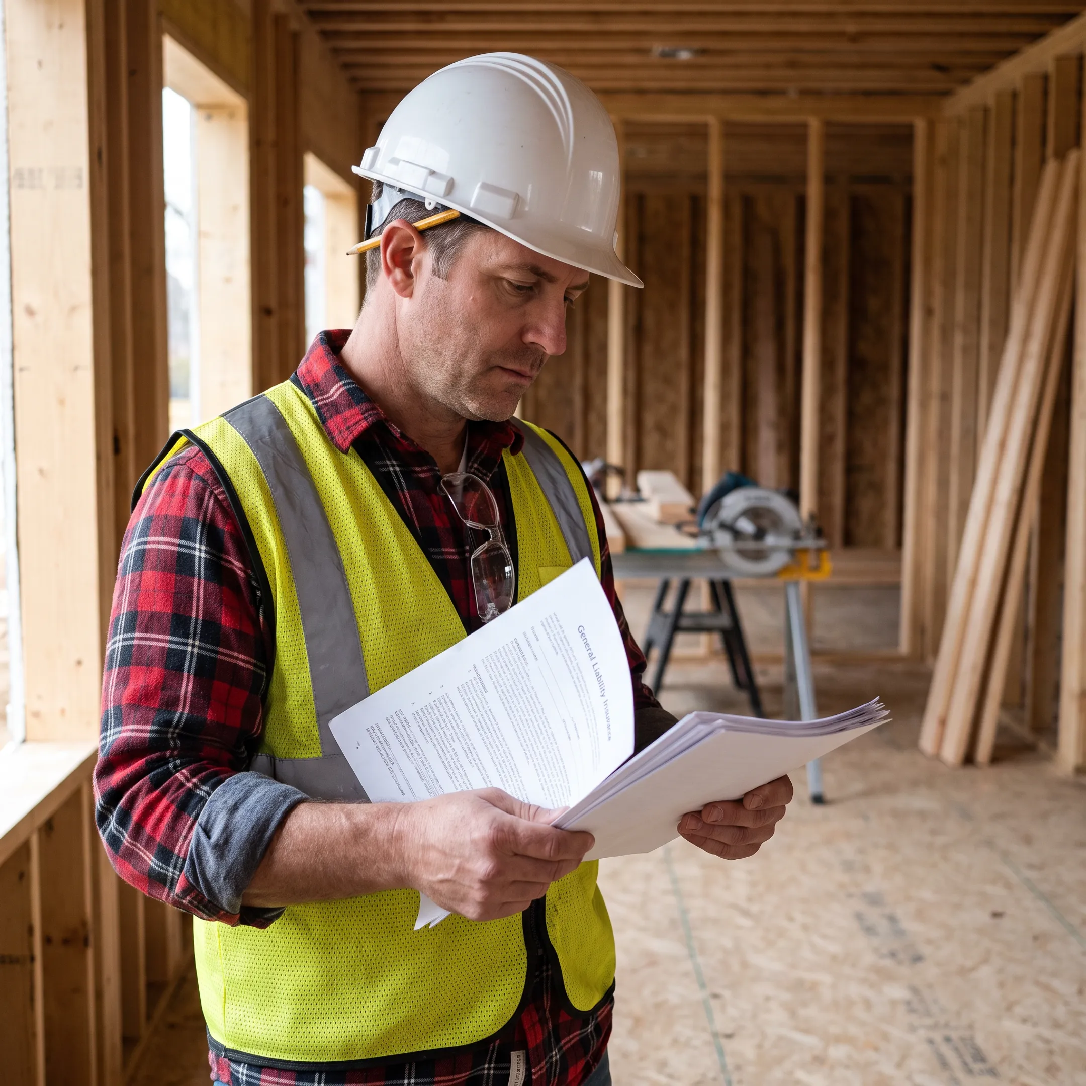 Independent contractor reviewing commercial liability policy documents on a job site