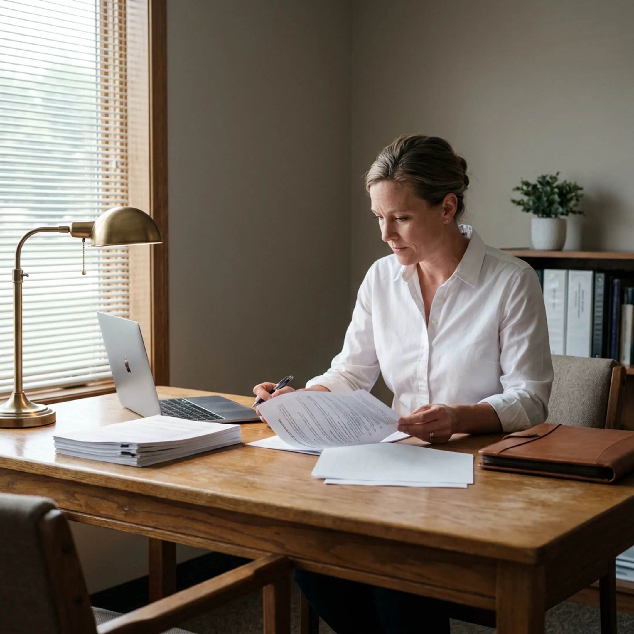 Independent commercial insurance advisor reviewing policy documents for trade contractors