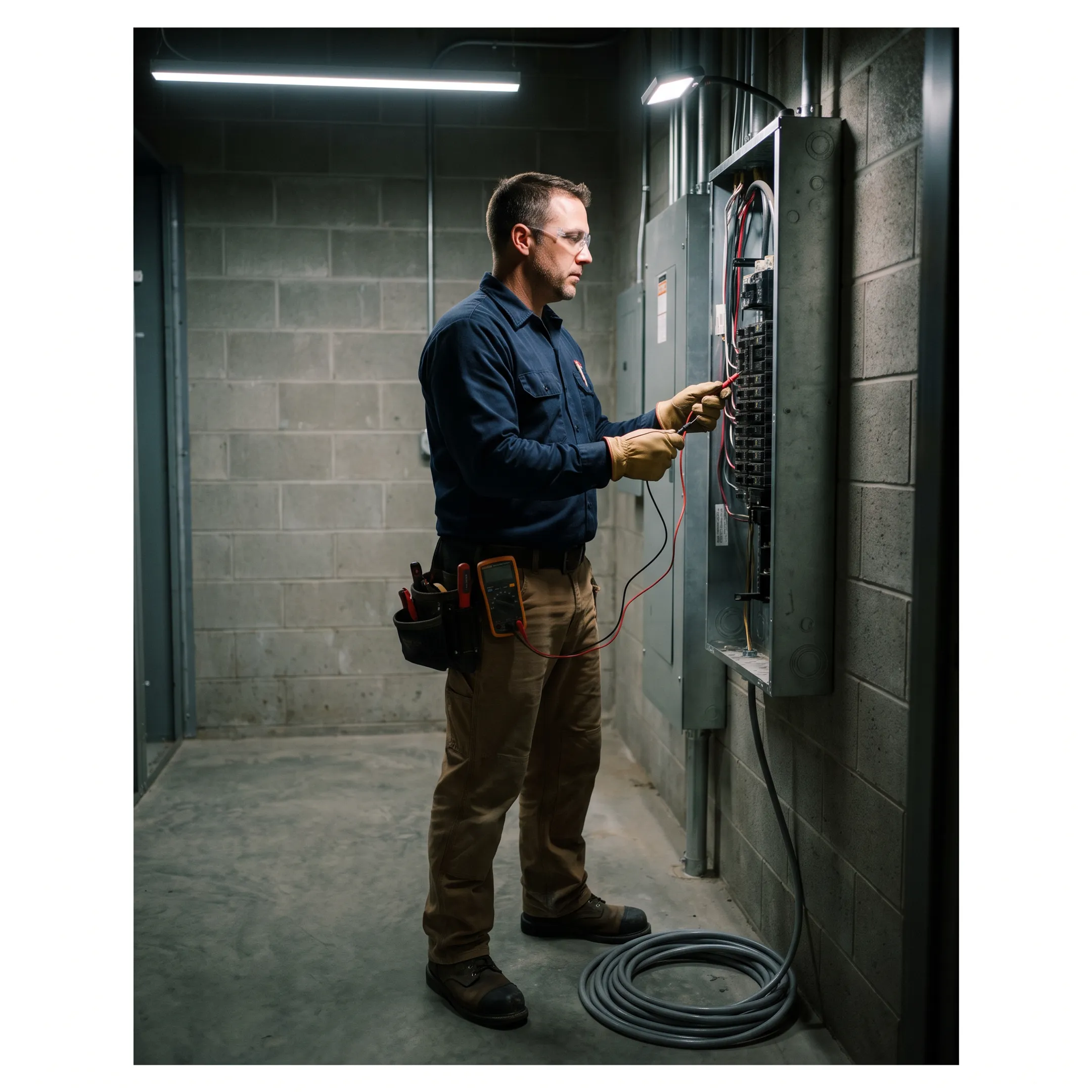 Commercial electrician reviewing blueprints and insurance documents on an active jobsite