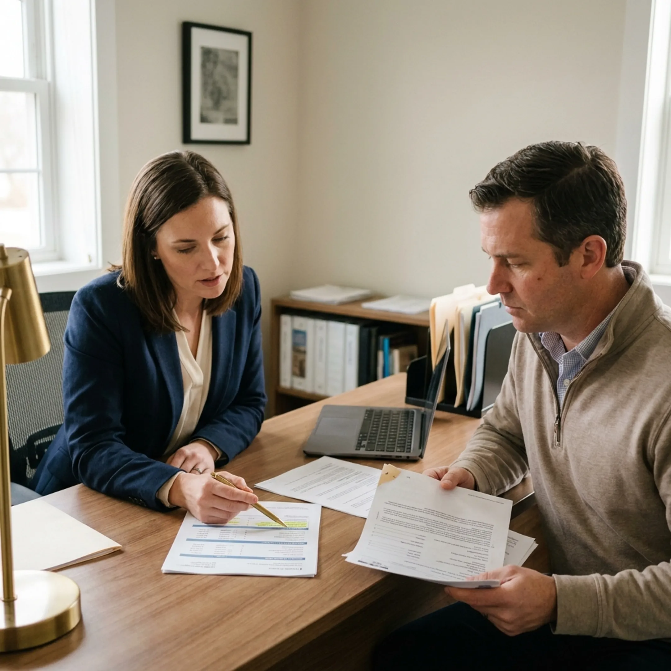 Insurance agent reviewing commercial auto policy documents with a business client