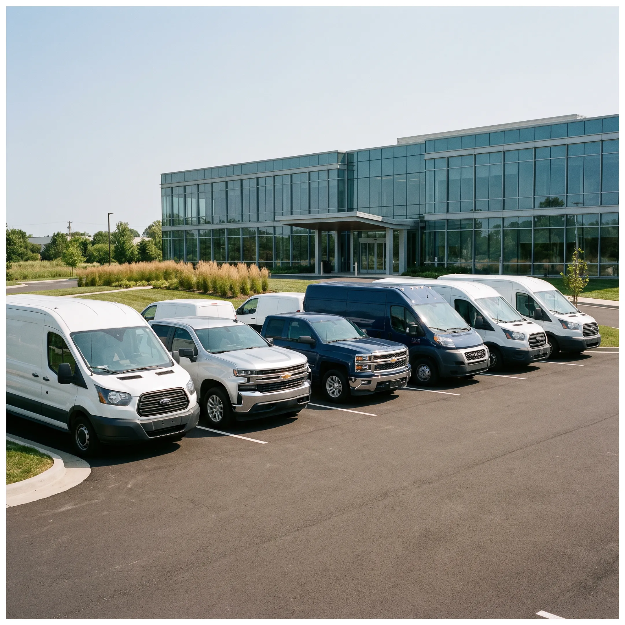 Commercial fleet vehicles parked in an orderly line outside a business facility