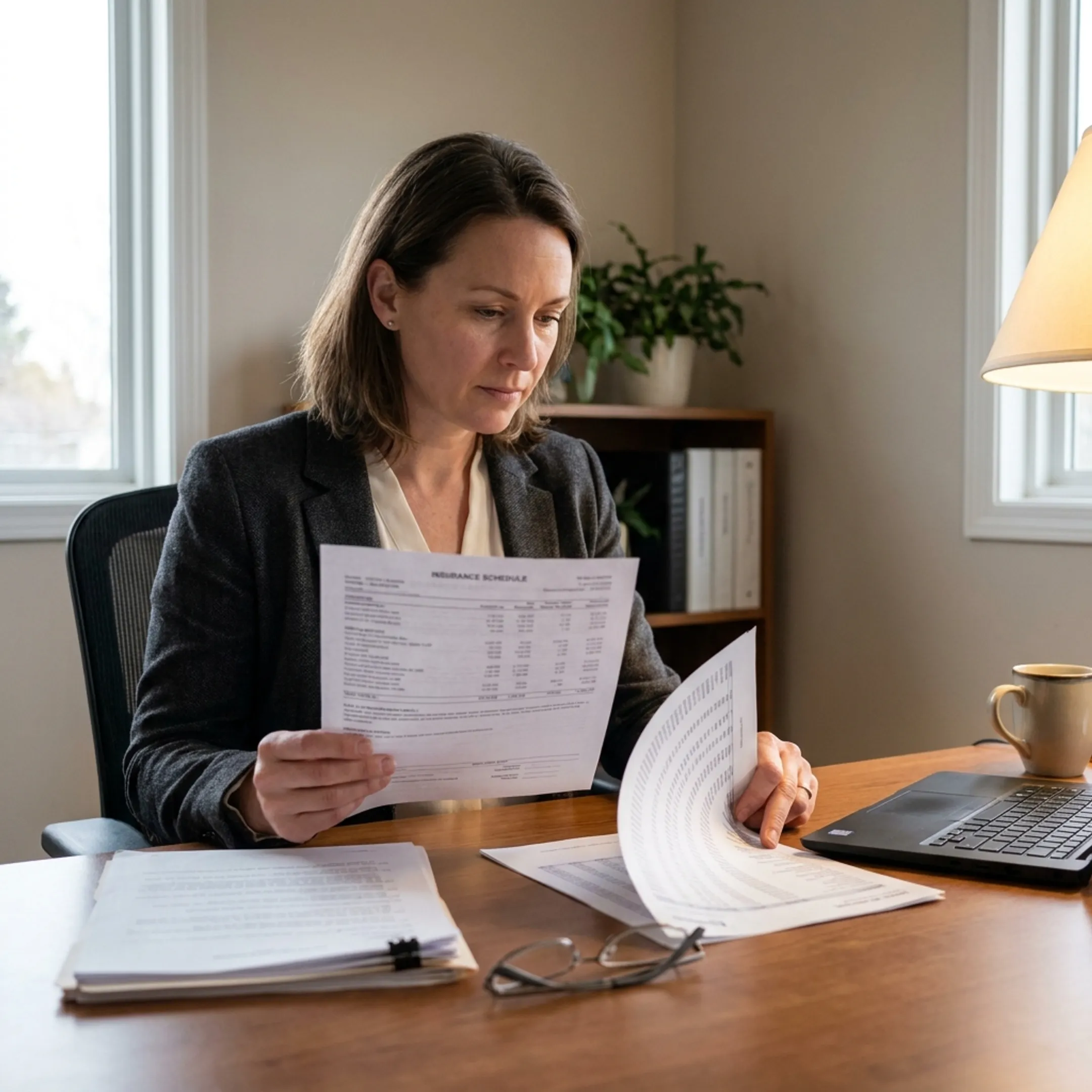 Commercial auto insurance agent reviewing quote documents