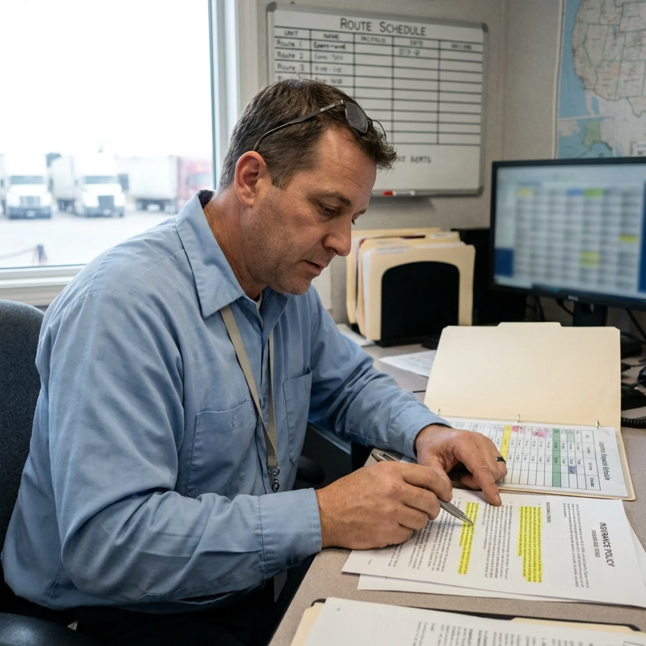 Fleet dispatcher reviewing commercial transportation coverage documents