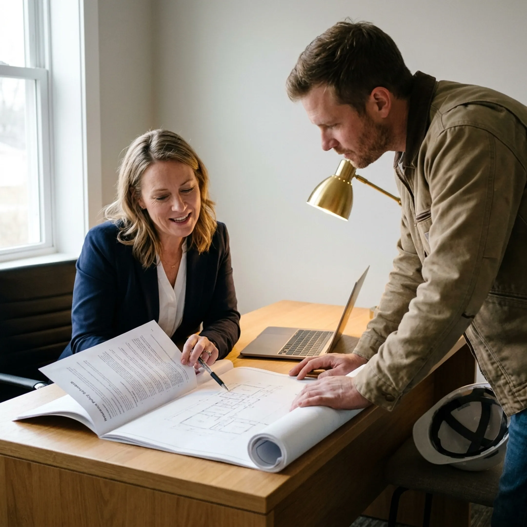 Insurance advisor reviewing policy documents with a contractor