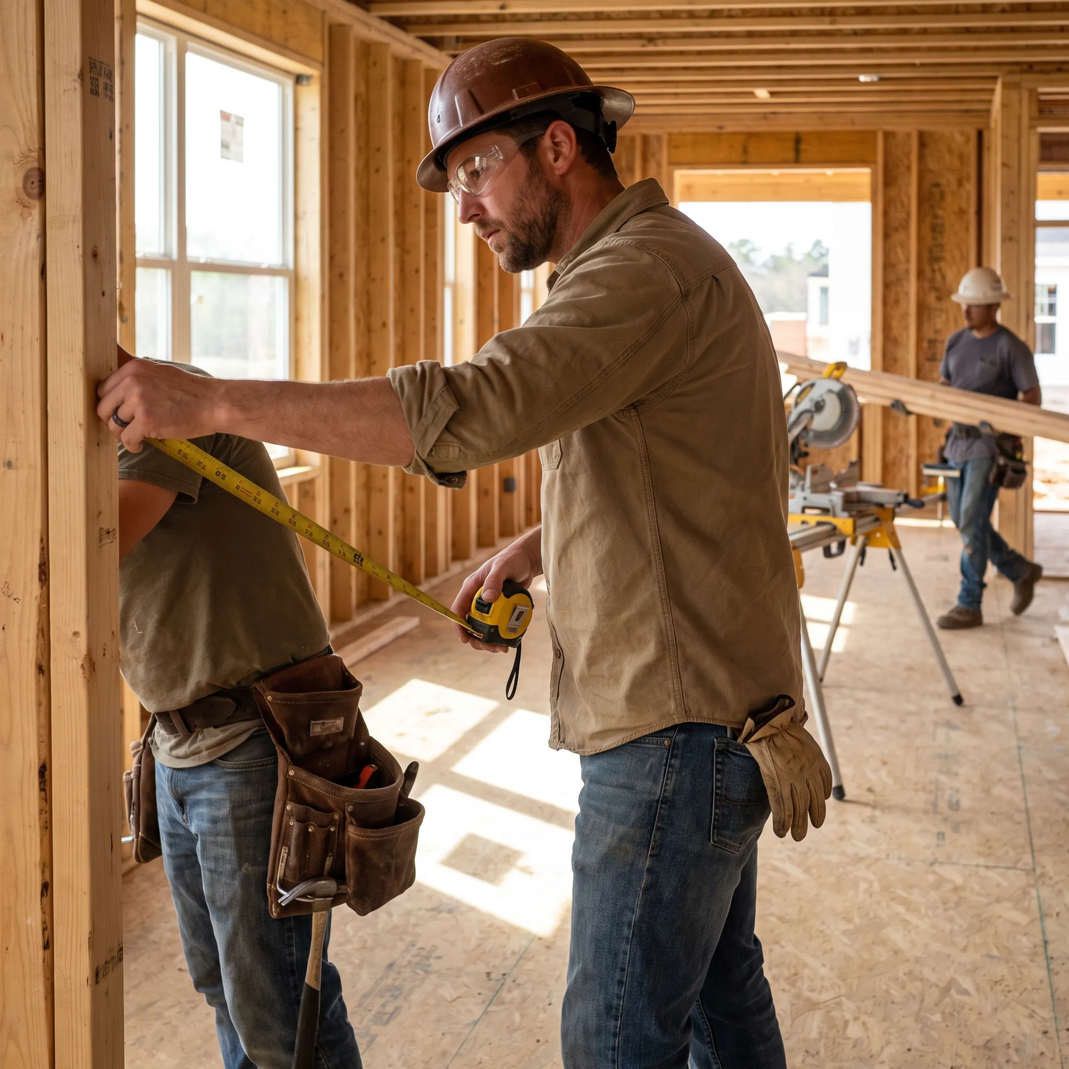 Carpenter measuring wood on a job site with protective gear