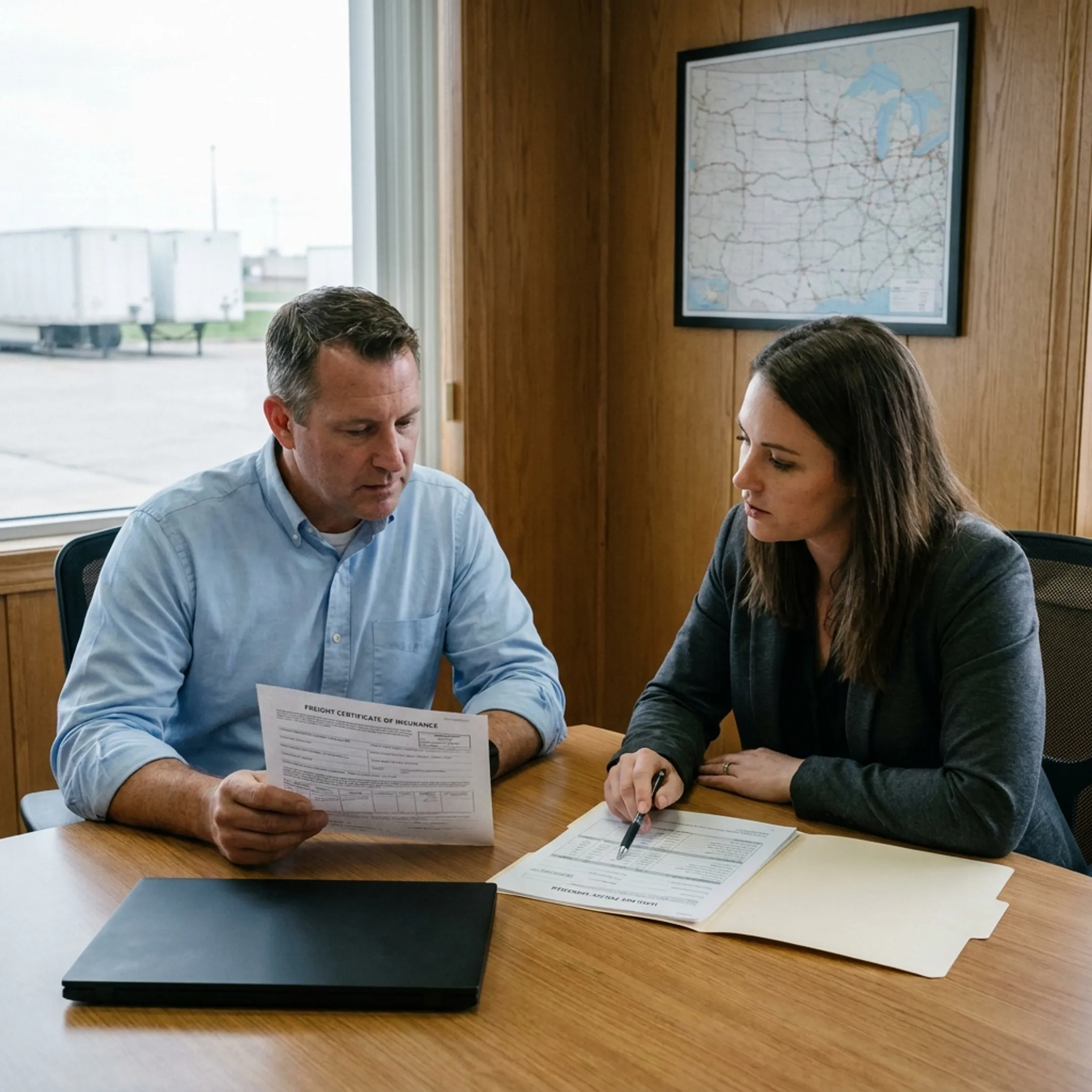 Haulage contractor reviewing commercial transport fleet documents and insurance policies