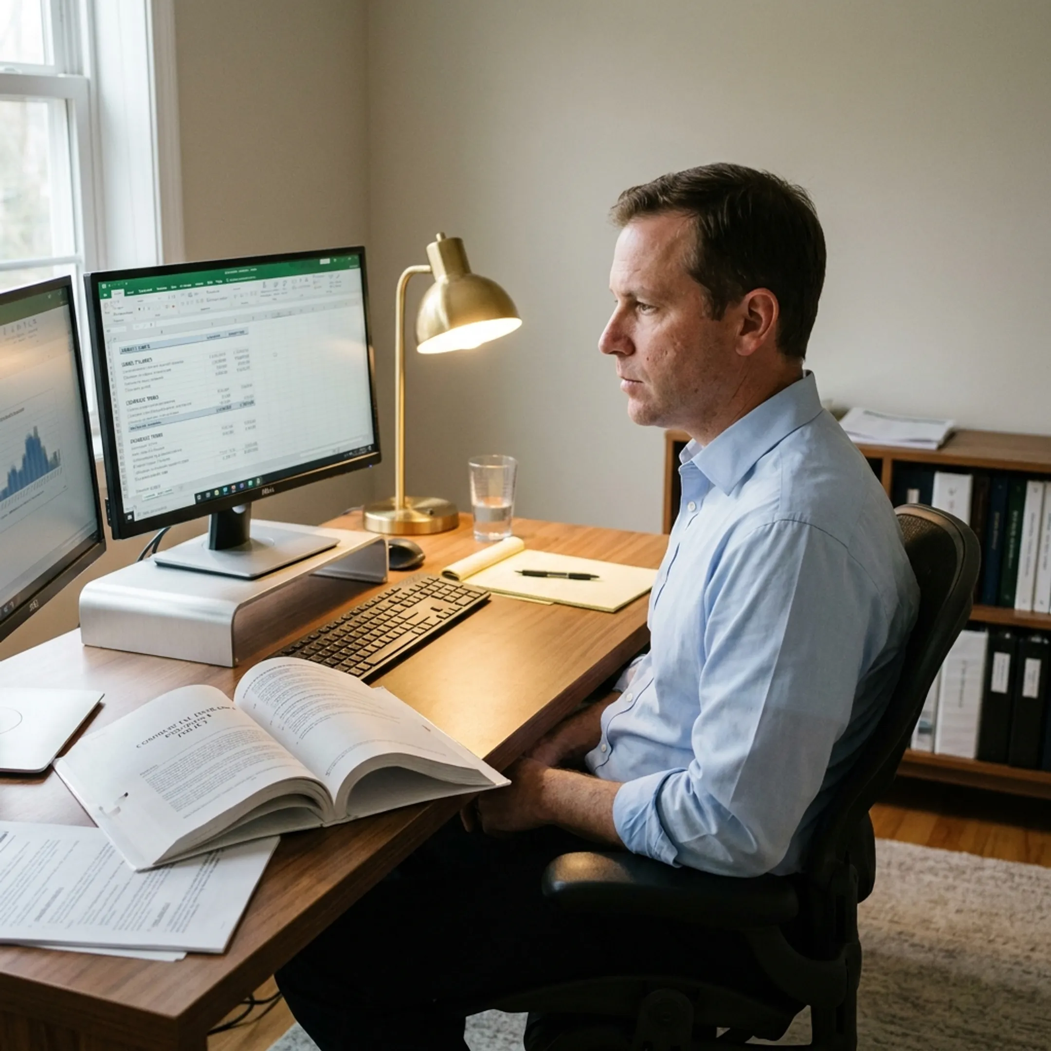 Insurance advisor reviewing business liability documents on a laptop display