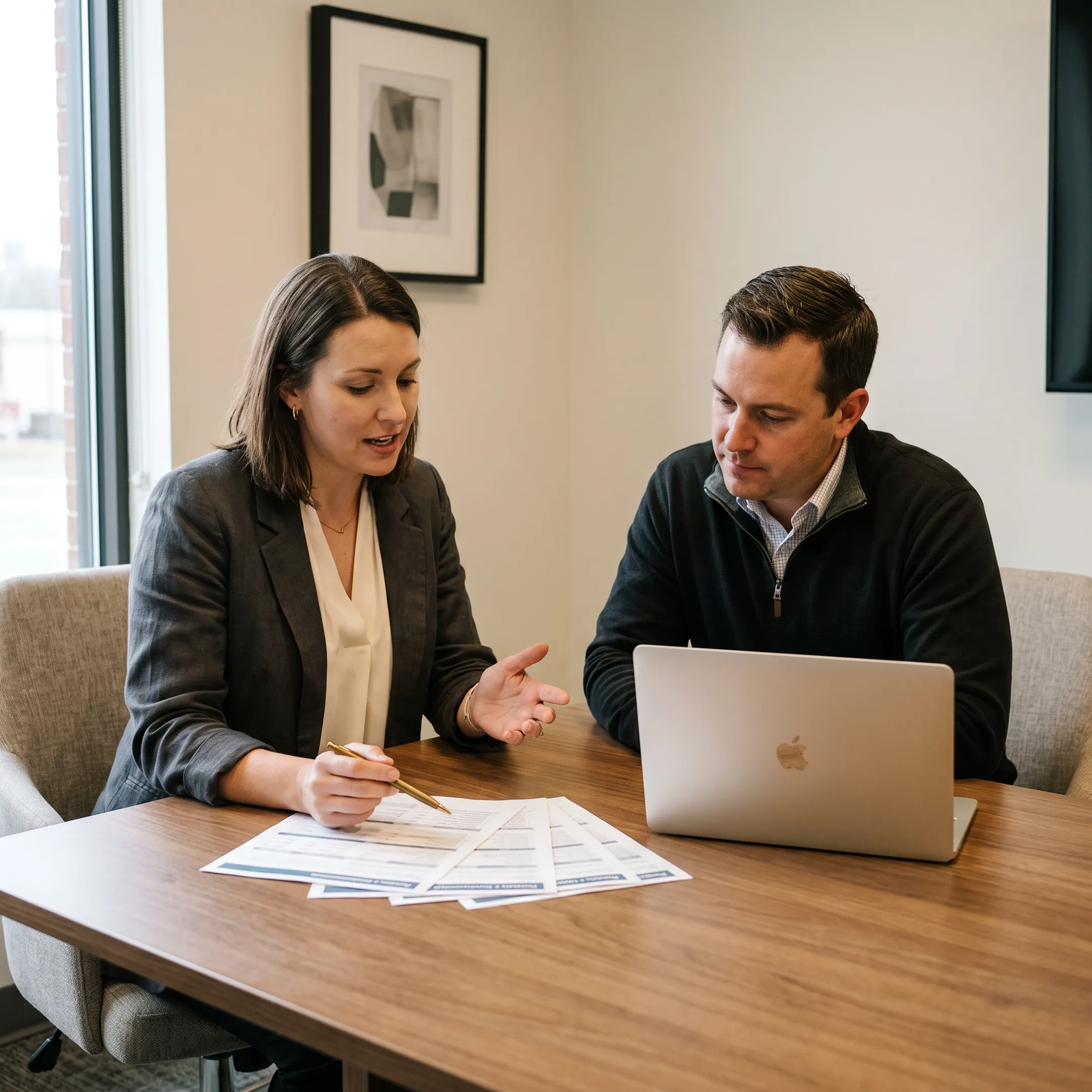Commercial insurance agent reviewing policy documents and liability quote options with a business client
