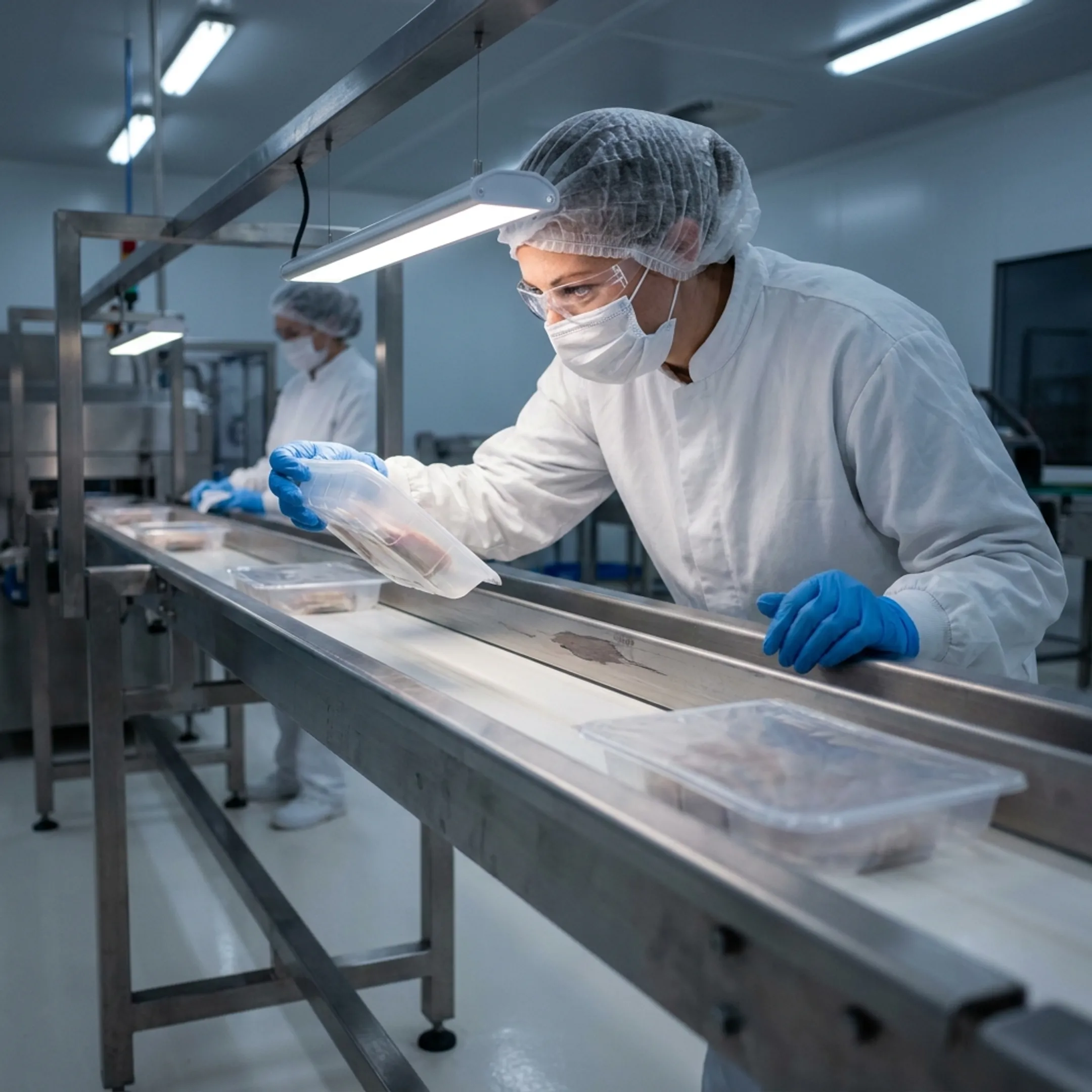 Quality control specialist inspecting packaged items in a food manufacturing facility
