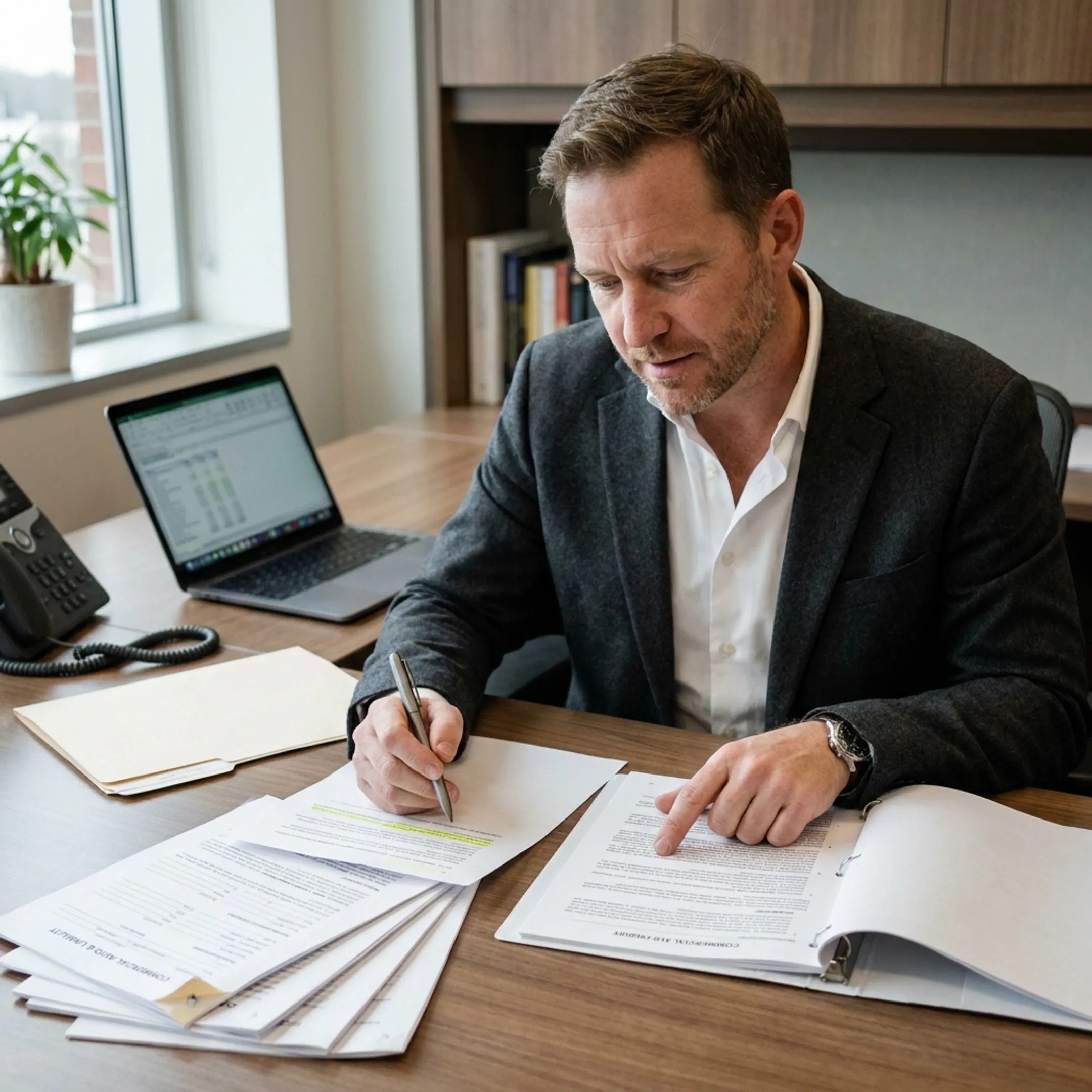 Insurance advisor reviewing freight transportation documents and policy contracts
