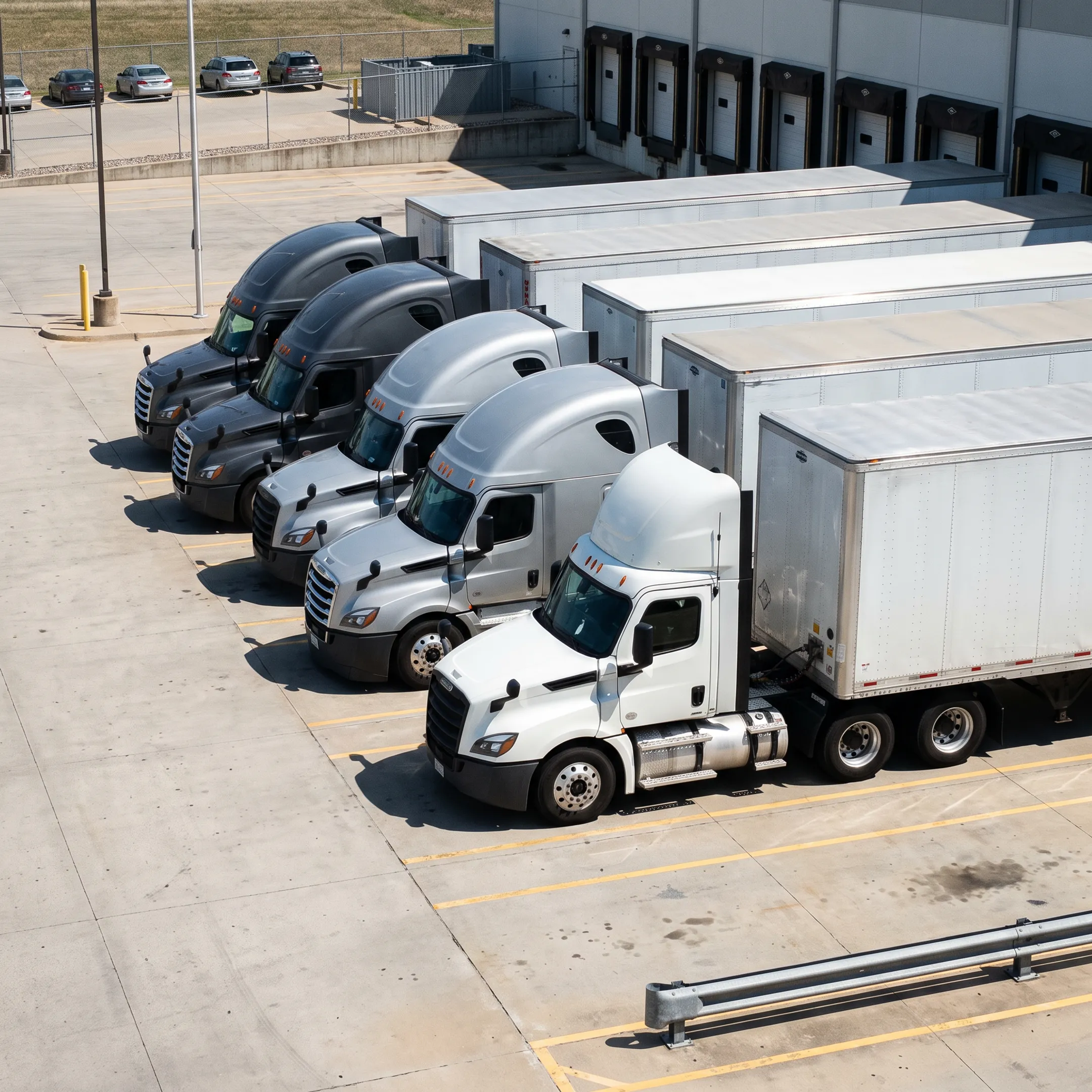 Fleet of commercial transportation semi-trucks parked at a freight logistics depot