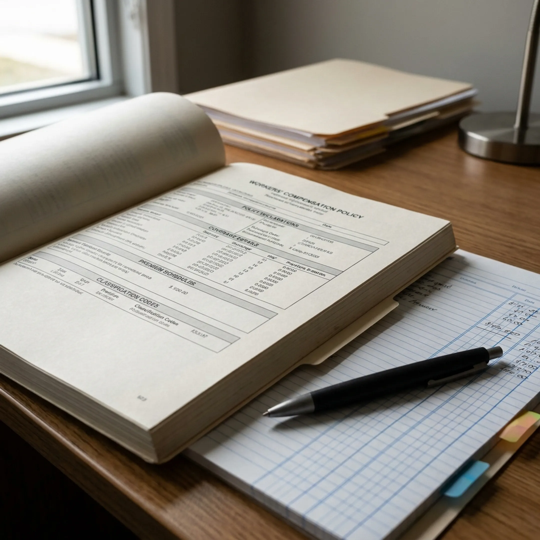 Commercial workers' compensation insurance policy documents on a desk
