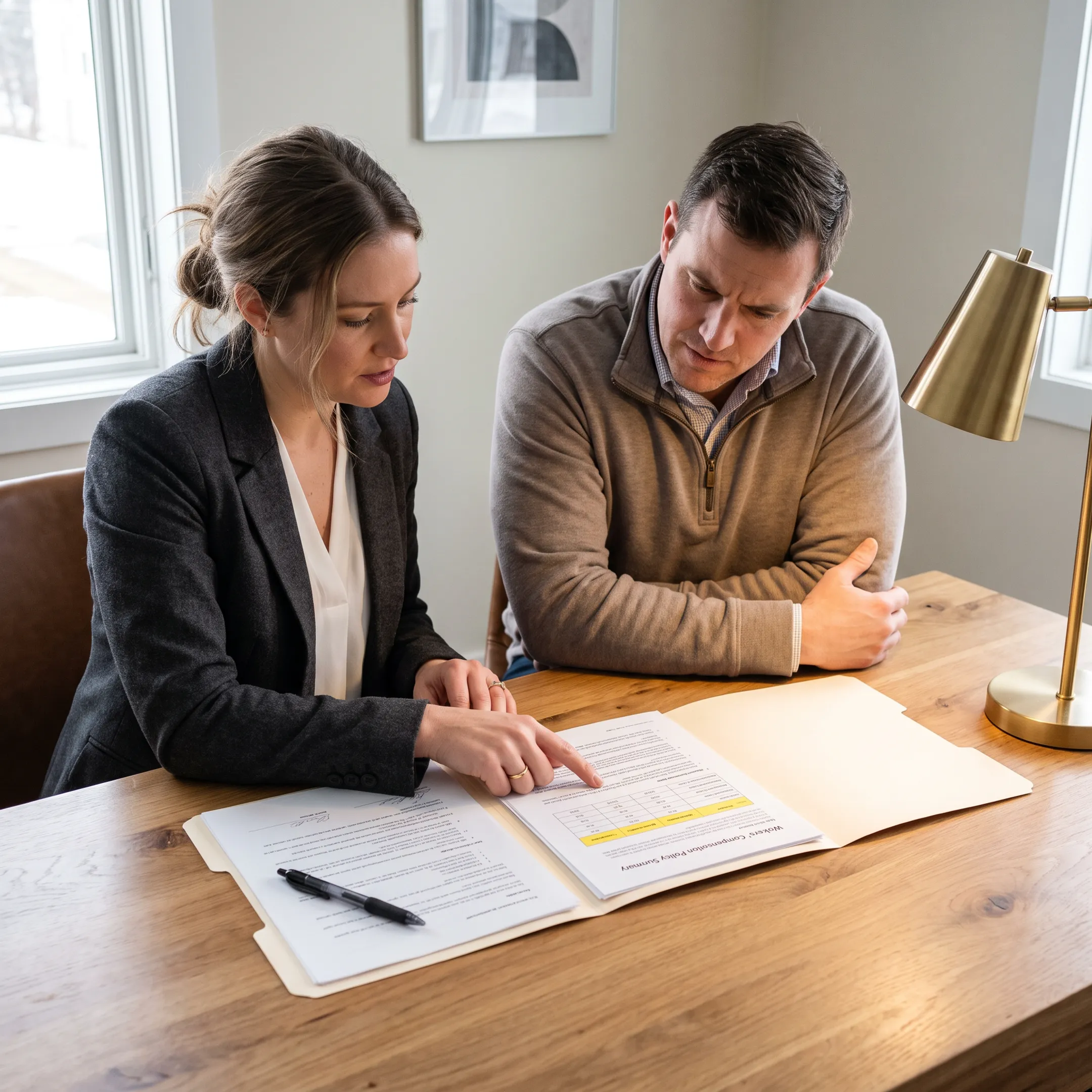 Insurance agent reviewing workers' compensation policy with small business owner
