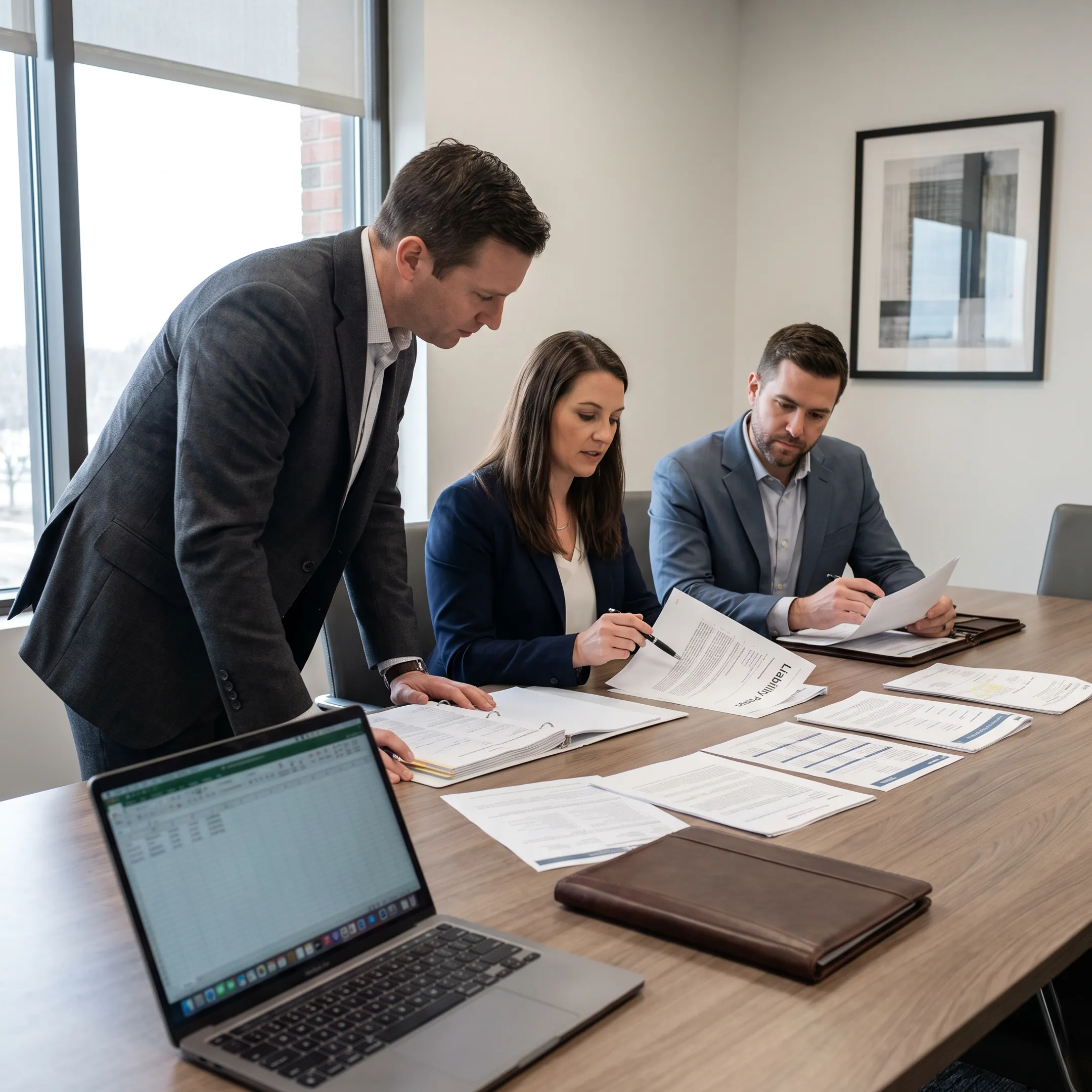 Commercial business owners reviewing an insurance policy document with an independent insurance agent
