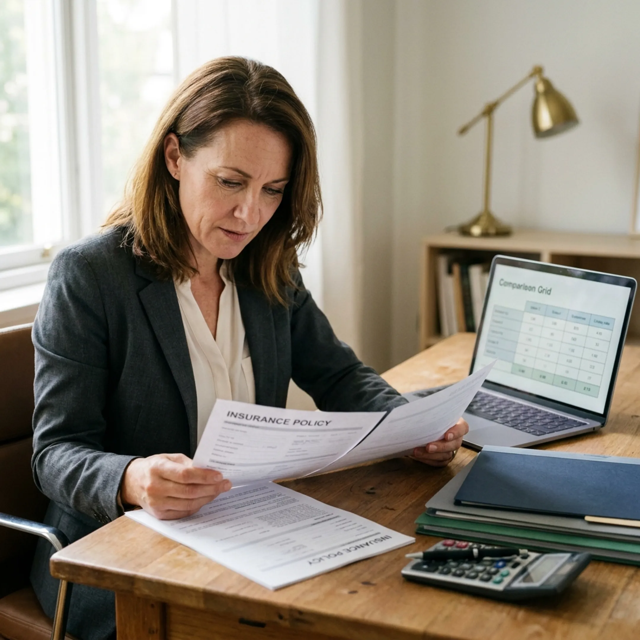 Insurance agent reviewing commercial policy documents with contractor