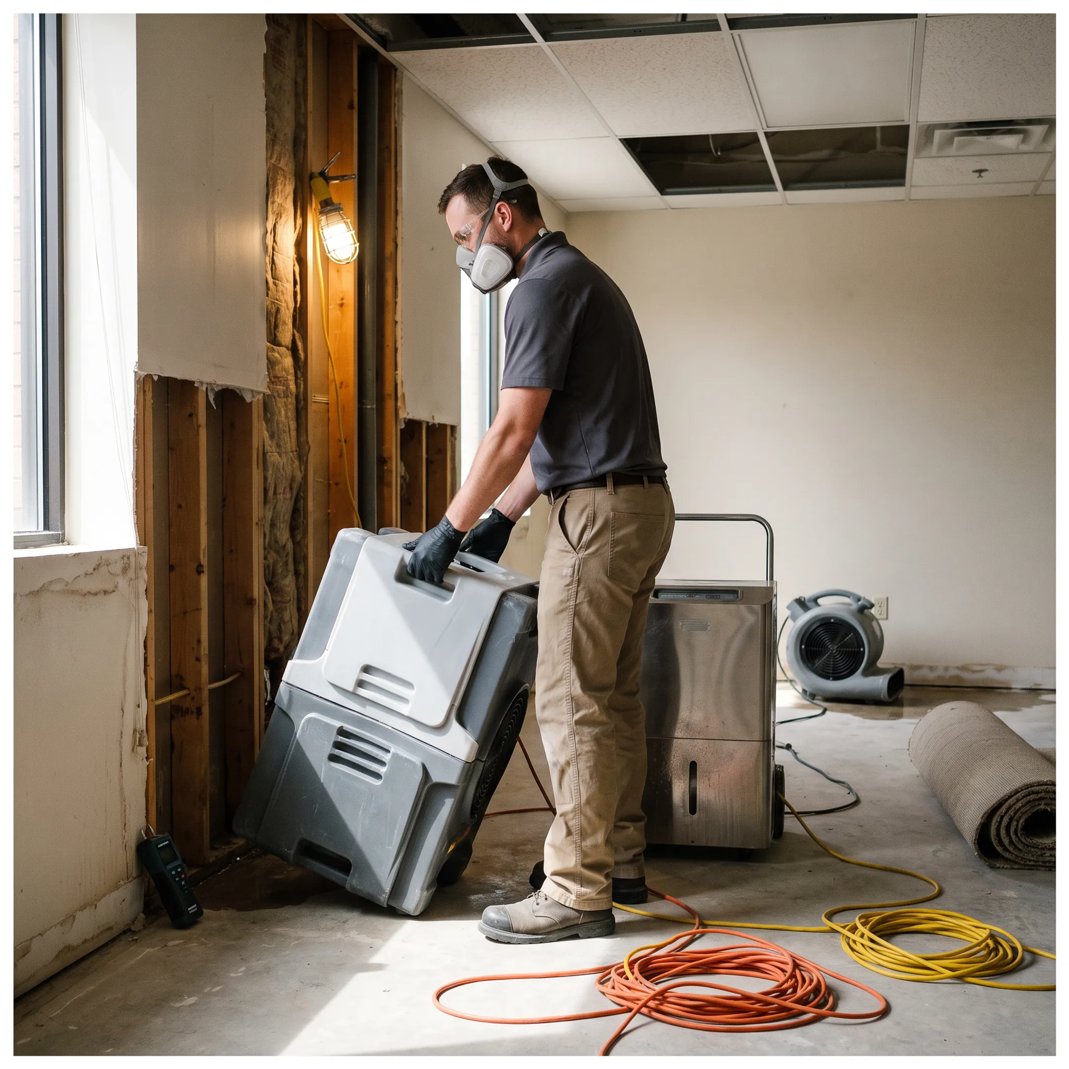 Restoration contractor drying water damaged property with commercial equipment